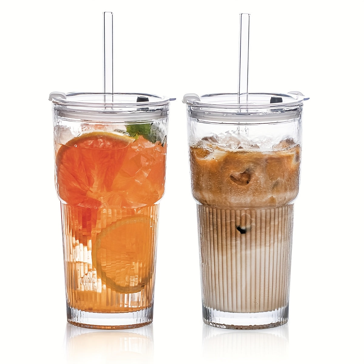 Glasses With Lid And Straw, Set Of 4 - Stylish Ribbed Design Drinking Cups For Iced Coffee Cups, Juices, Smoothies, Cold Drinks, Cleaning Brushes Included, Durable Glassware