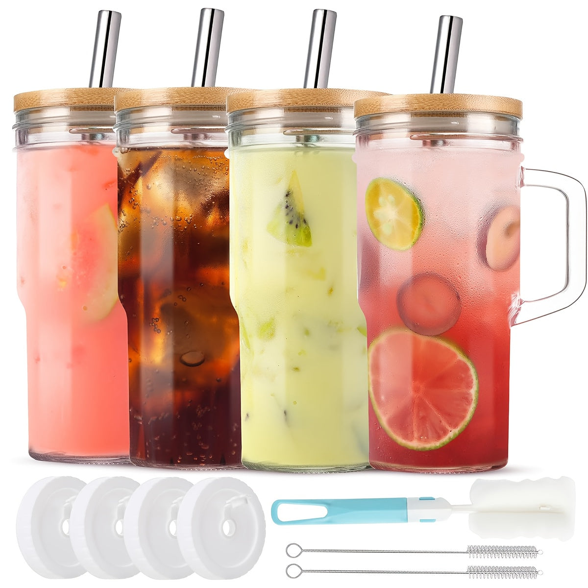 2/4pcs Glasses with Lids And Straws 24oz/700ml Mason Jar Beverage Mugs with handles Straw Brush Cup Brush for Iced Tea Or Coffee, Christmas, Halloween, Gift Mugs, Best for Christmas