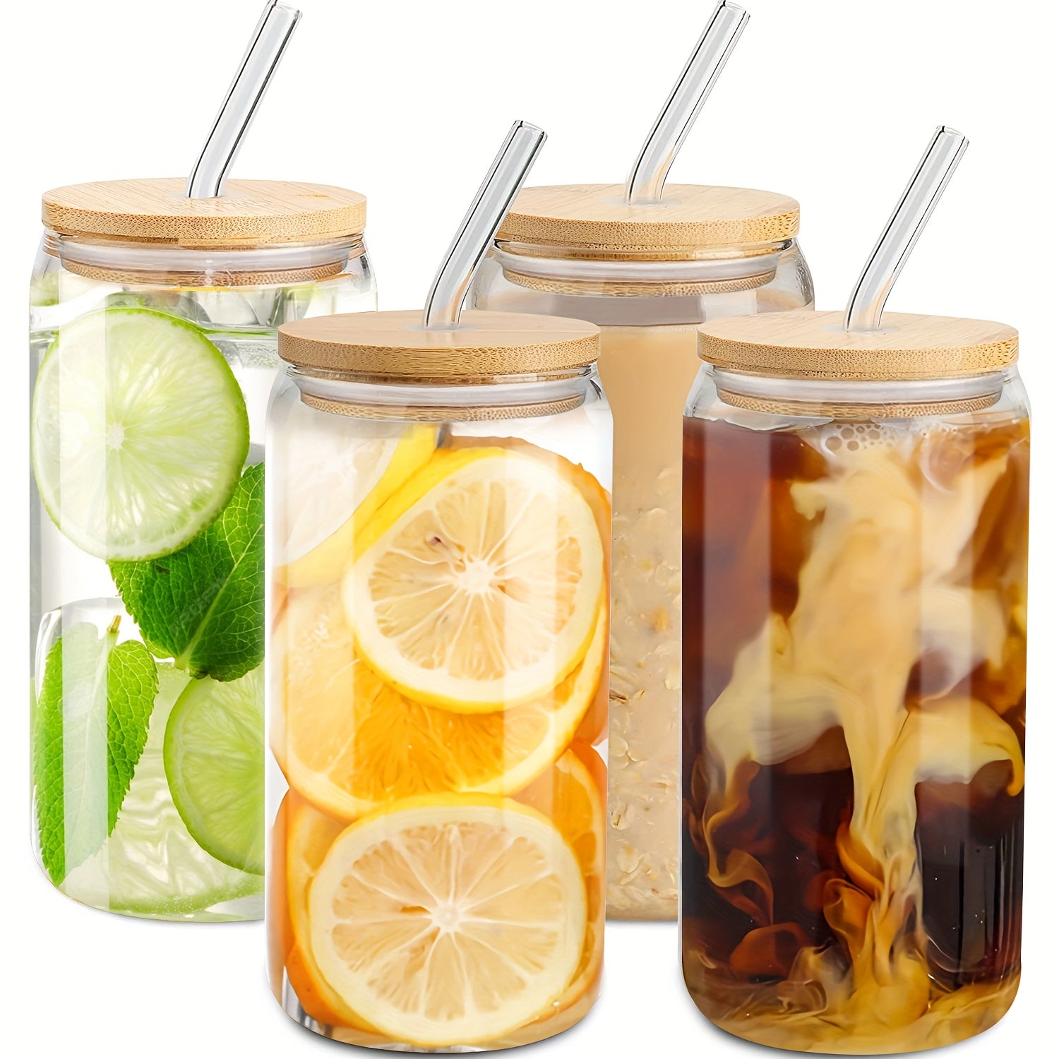 Glass Cups with Lids And Straws 4pcs, 16oz Drinking Glasses Set for Coffee Bar Accessories Iced Coffee Cups with Lids, Glass Tumbler Reusable for Gifts, Home Bar Essentials, Kitchen Glassware, Modern Drinkware, Contemporary Cups, Leadfree Material,