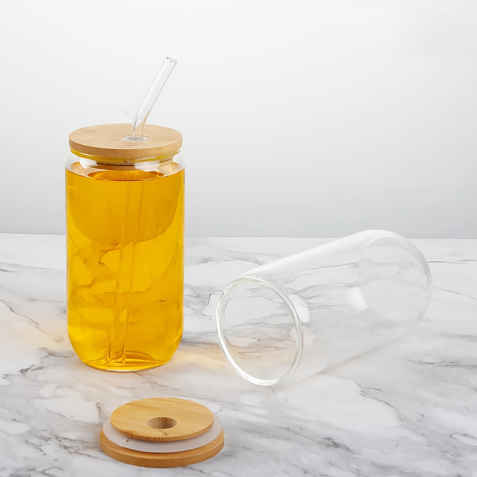 Glass Cups with Lids And Straws 4pcs, 16oz Drinking Glasses Set for Coffee Bar Accessories Iced Coffee Cups with Lids, Glass Tumbler Reusable for Gifts, Home Bar Essentials, Kitchen Glassware, Modern Drinkware, Contemporary Cups, Leadfree Material,