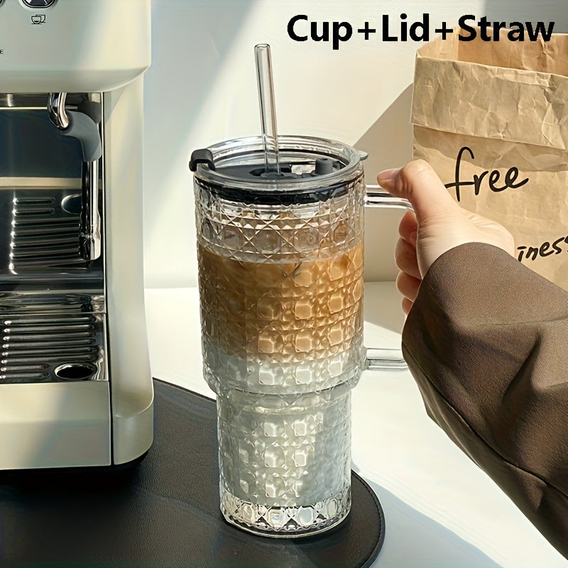 1pc 530ml/18oz Large Capacity Straw Cup with Lid, Stylish INS-Style Summer Iced Coffee Glass Tumbler, Reusable Drinking Cup for Coffee, Tea, Whiskey, Milk, Iced Americano & Latte