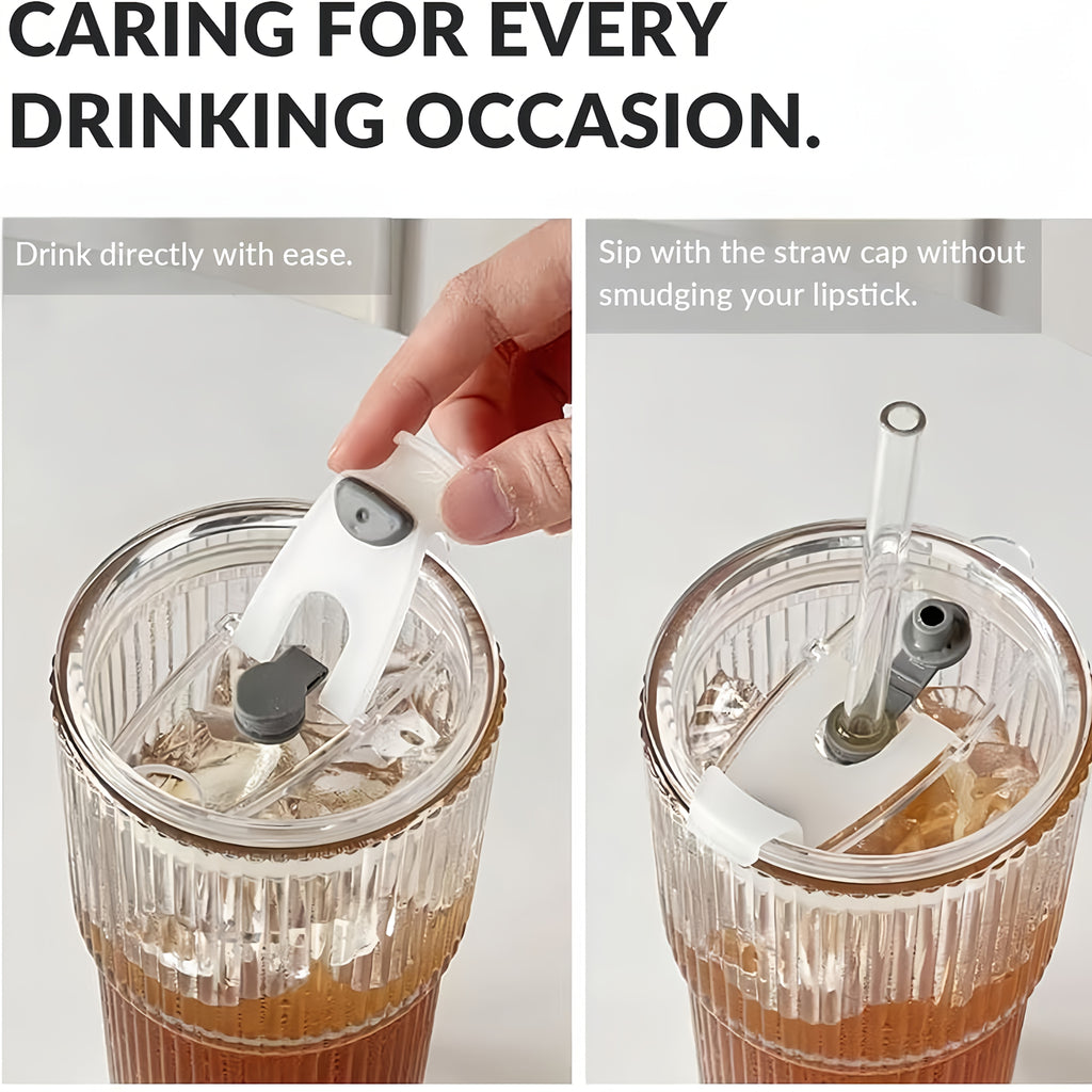 2 Ribbed Glass Cups with Plastic Lid And Straw+straw Brush, Perfect for Iced Coffee, Juice, Smoothie Cocktails, Etc., Suitable for Home, Office, Party Supplies, 20oz