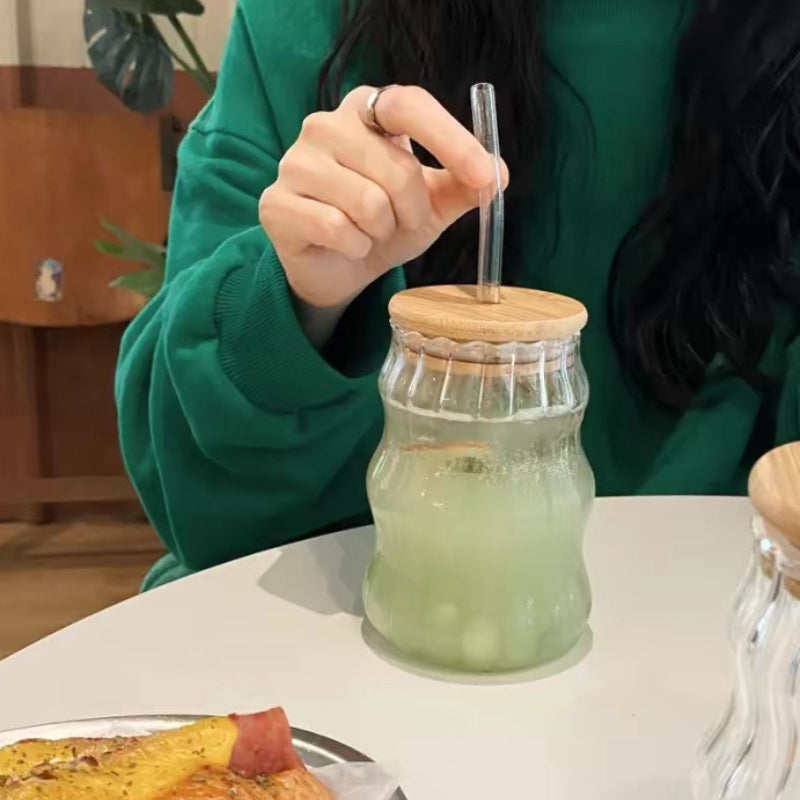 4/6pcs LDQ Ribbed Glass Cups with Straw & Lid - 18oz Wave Design Drinking Glasses for Iced Coffee, Latte, Water, Matcha, Juice - Food-Safe, Leak-Proof, Hand Wash Only, Coffee Accessories, Beverage Serving, Wave Pattern, Natural Style, Hand Wash Safe
