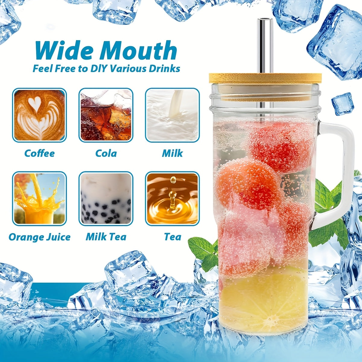 2/4pcs Handle Car Cup, 24oz High Borosilicate Glass Cup Without BPA, with Bamboo Lid And Straw, BPA Free, Thick Coffee Cup, Suitable for Juice, Milk, Cream, Milk Tea, Free Sealing Lid, Straw Brush And Cup Brush, Birthday Gift, Coffee Cup, Tea Cup, Milk
