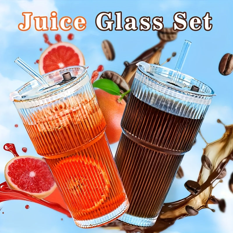 1/2pcs Stylish Striped Glass with Straw And Lid - High-value Glass Holds Approx. 18.6-20.29oz Of Water, Perfect for Coffee, Tea, Iced Milk Americano And Lattes, A Long-lasting Beverage Glass!