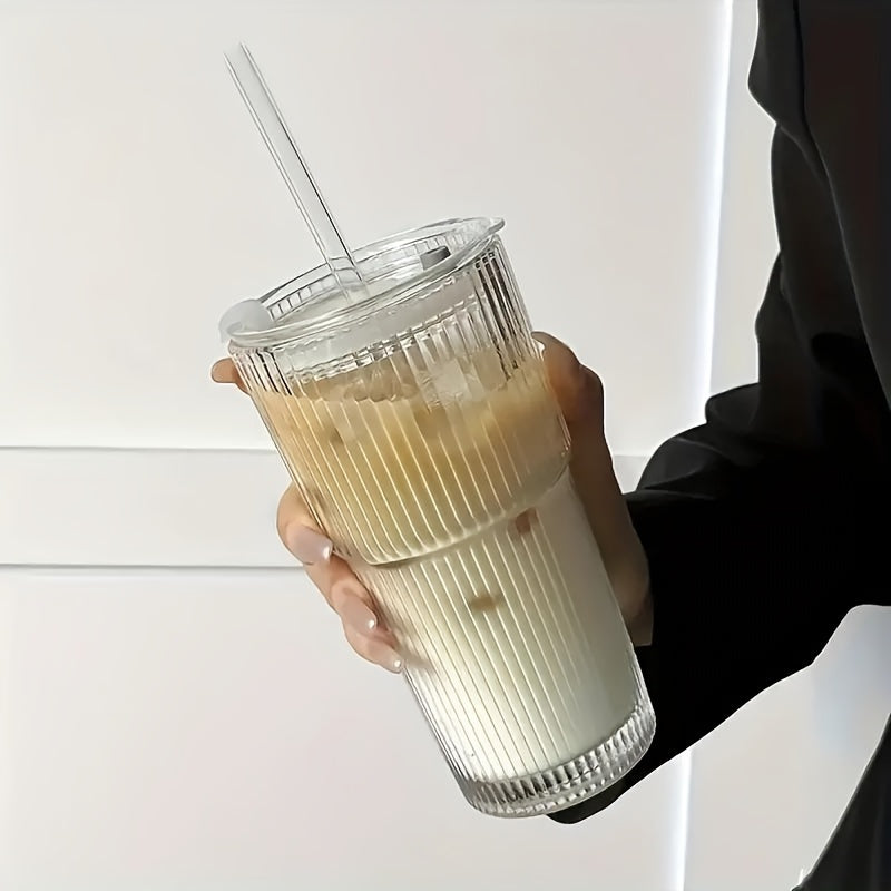 1pc 20.29oz Large Striped Glass Cup with Lid - Insulated, Reusable for Cold Drinks, Juice & Coffee - Ideal for Home, Office, and Holiday Gatherings, Hand Wash Only, Versatile Drinkware | Stylish Drinkware | Insulated Glass Cup