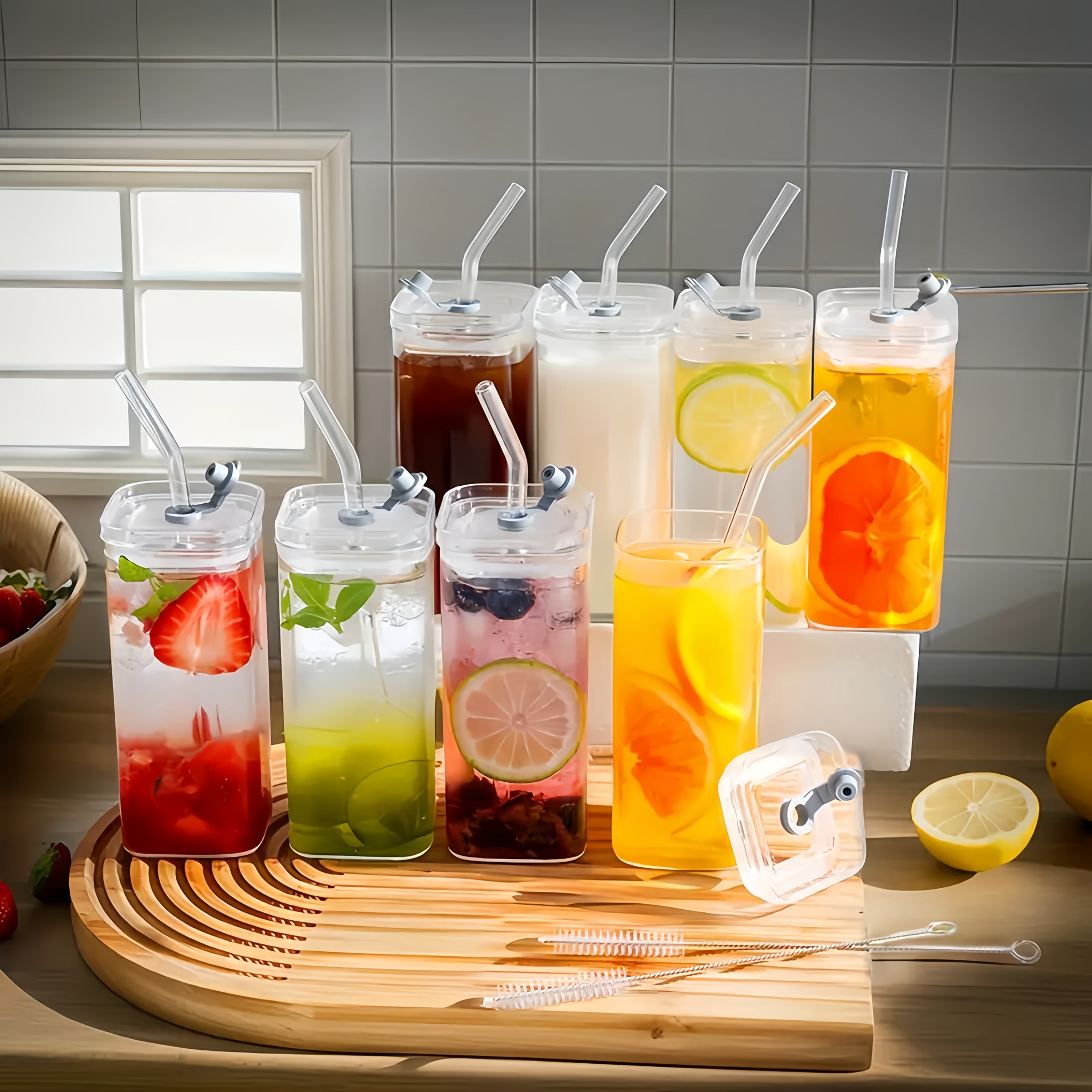 6pcs Square Glass Cups with Lids & Straws - Insulated Reusable Drinking Glasses, Scratch-Resistant Hand-Drawn Geometric Design for Iced Coffee, Cocktails, Office, Parties, Home, School & Outdoor Use - Perfect Father’s Day, Christmas, Mother’s Day Gift