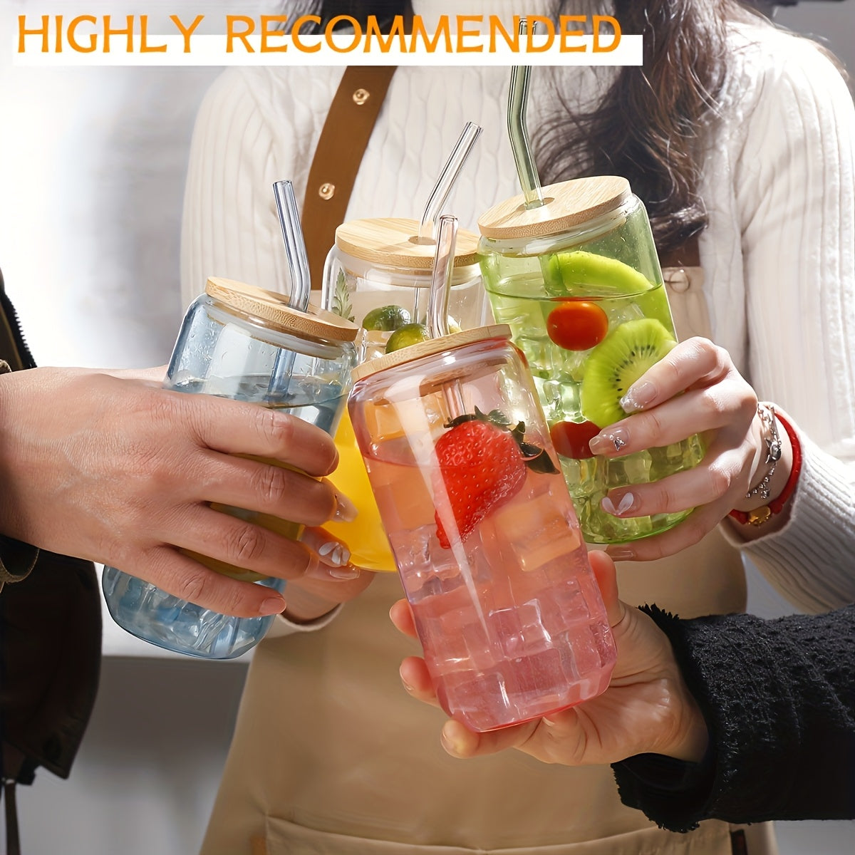 4pcs Glass, 16 Oz (approx. 473.2 Ml) Drinking Mug With Bamboo Lid And Glass Straw, Pretty Jar Shaped Glasses For Parties, Great For Delicious Smoothies, Juices, Coffee - 2 Cleaning Brushes