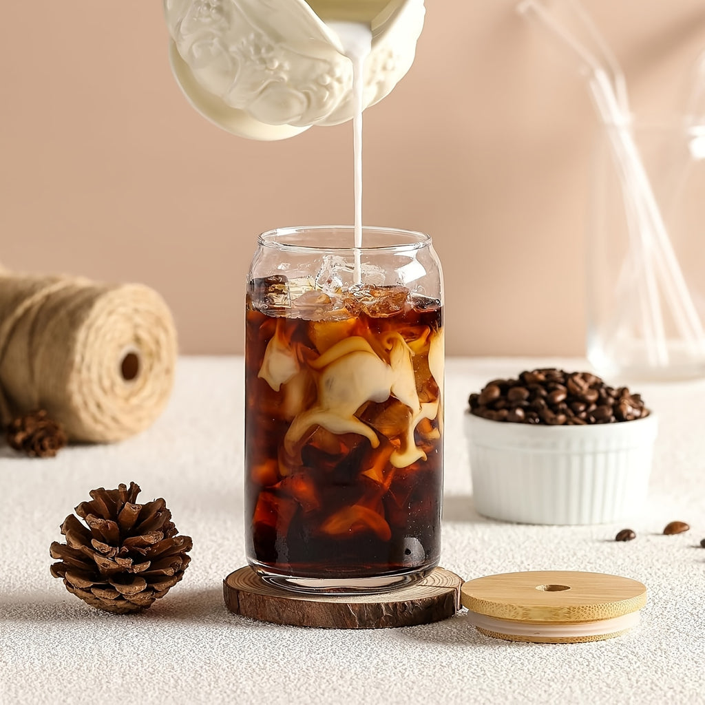 8pcs, Glass Cup, Glass Cup with Lid And Straw, Mason Jar Drinking Cup, Iced Coffee Cup, Glass Cup with Bamboo Lid, Exquisite Water Cup, Reusable Straw Cup, Suitable for Family Gatherings, 18.7oz/550ml