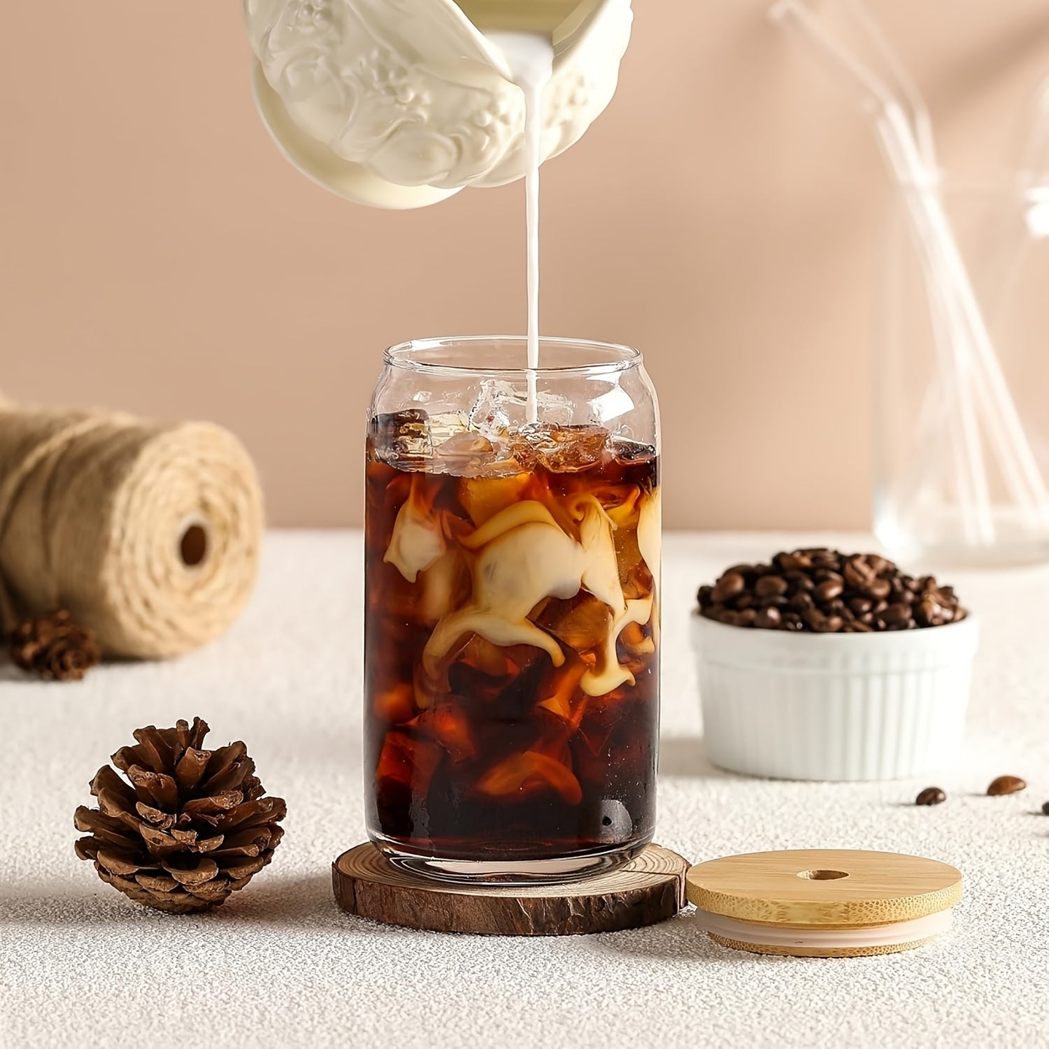 8pcs, Glass Cup, Glass Cup with Lid And Straw, Mason Jar Drinking Cup, Iced Coffee Cup, Glass Cup with Bamboo Lid, Exquisite Water Cup, Reusable Straw Cup, Suitable for Family Gatherings, 18.7oz/550ml
