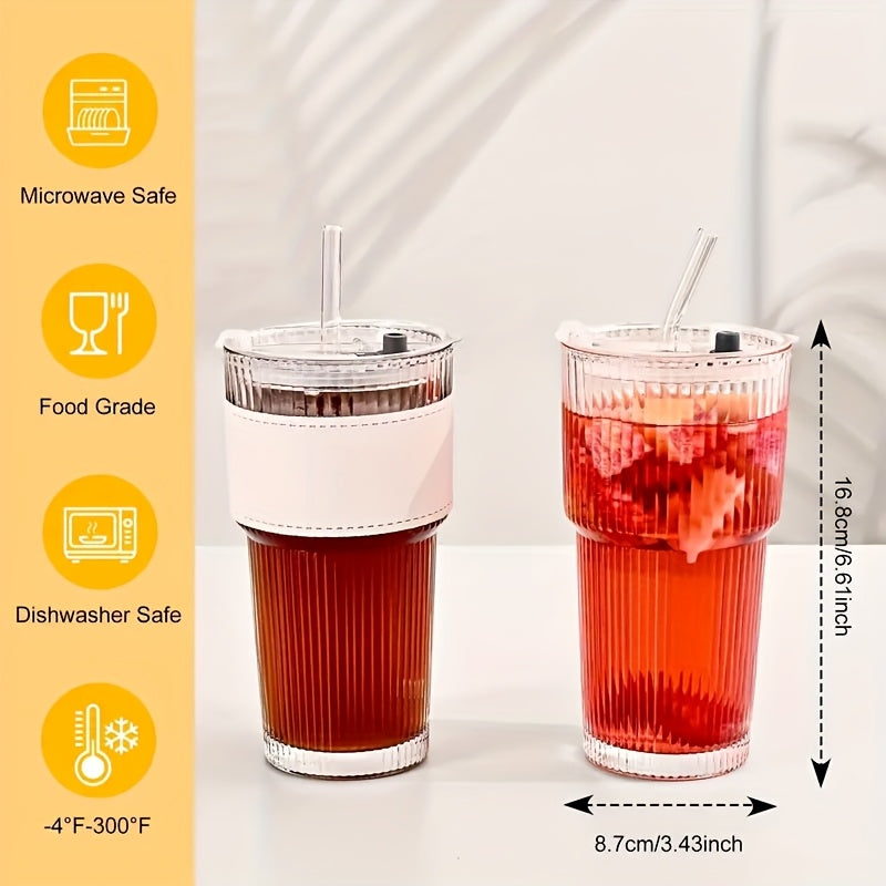 1/2pcs Stylish Striped Glass with Straw And Lid - High-value Glass Holds Approx. 18.6-20.29oz Of Water, Perfect for Coffee, Tea, Iced Milk Americano And Lattes, A Long-lasting Beverage Glass!