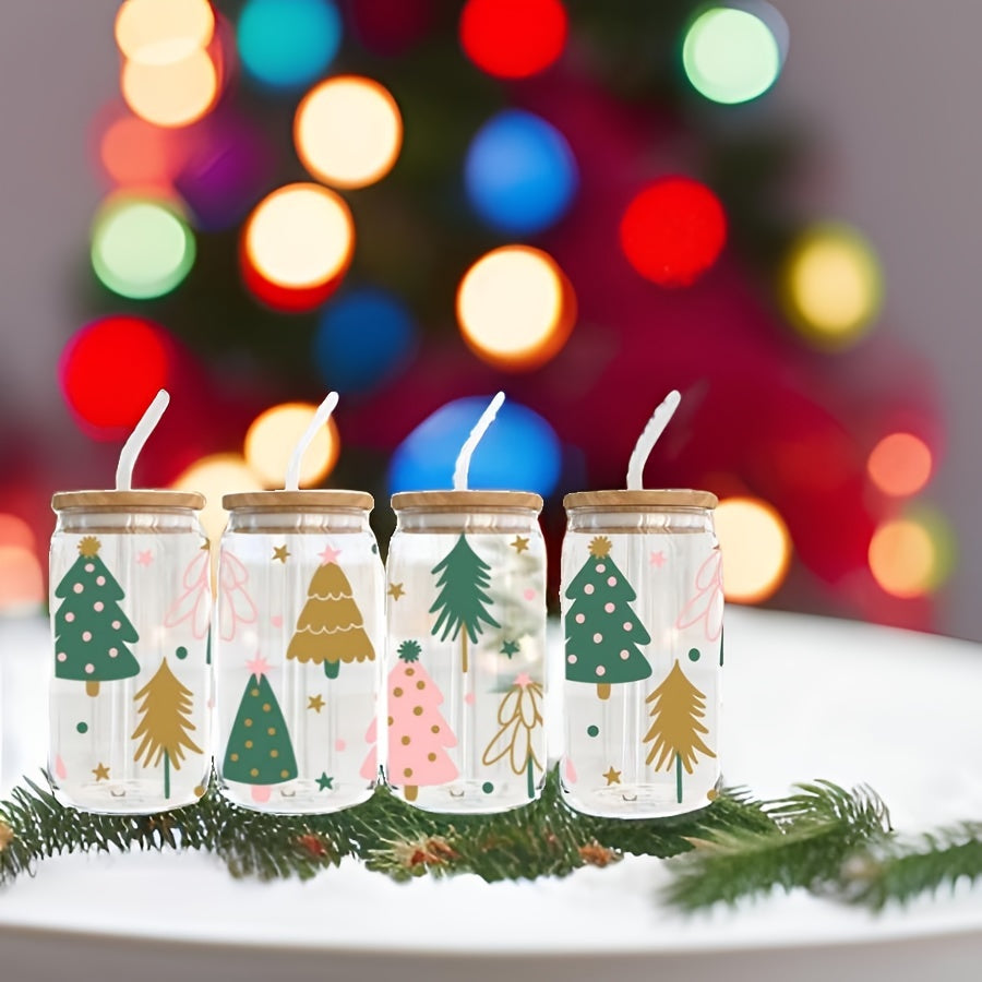 4pcs, 550ml Christmas Tree Glass With Lid And Straw, Home Office Cup, Tea, Beer, Cola, Milk Cup