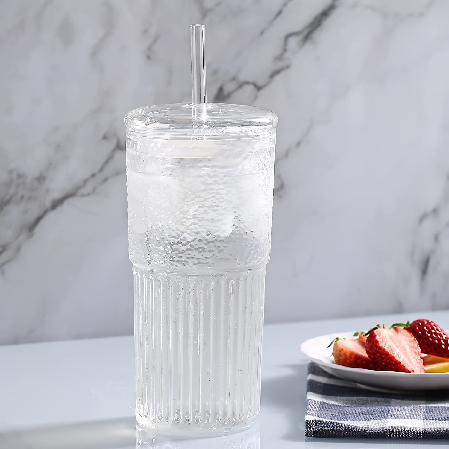 2pcs, 22oz/650ml, with lid, straw and straw brush, ribbed glass cup, reusable, wide mouth smoothie cup, thick wall glass ice coffee cup, tea cup, juice cup, also a great holiday gift, Christmas, anniversary, housewarming party gifts for family and friends