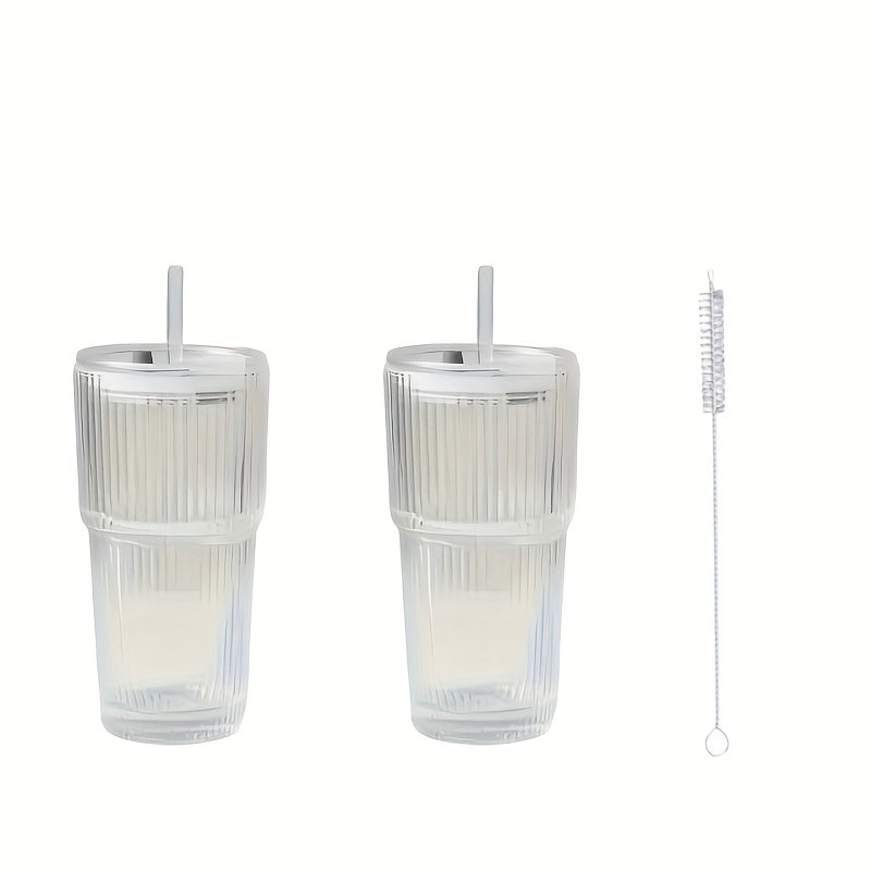 2pcs Ribbed Glass with Straw And Plastic Lid And Straw Brush, Perfect for Iced Coffee, Juice, Smoothie Cocktails, Etc., Suitable for Home, Office, Party Supplies, 20 Ounces