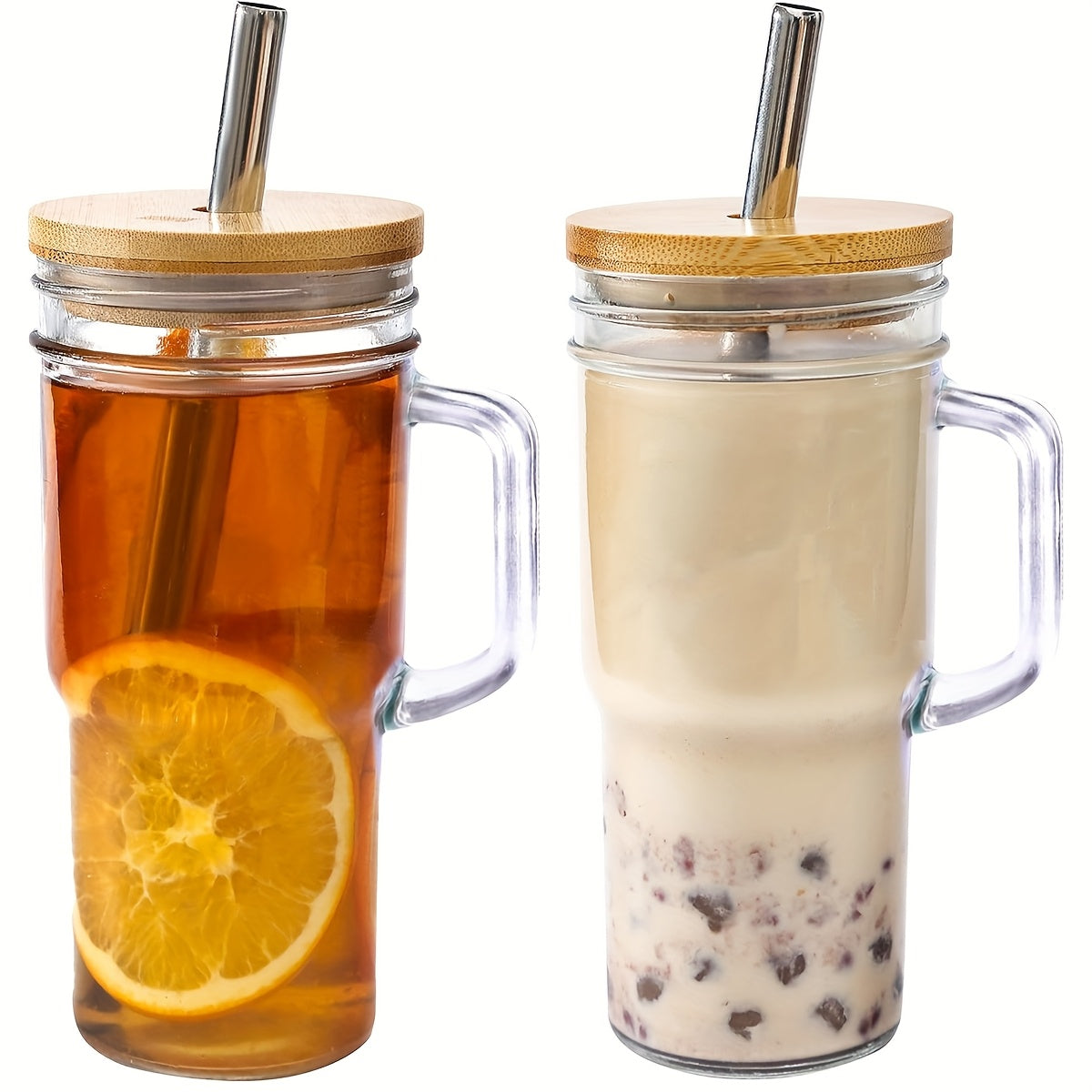 2pcs/4pcs Glass Cups With Lids And Straws, 24 Oz Mason Jar Drinking Glasses Tumbler With Handle, Brush, Reusable Iced Coffee Cups, Boba Tea Smoothie Cups Mother'S Day Gifts