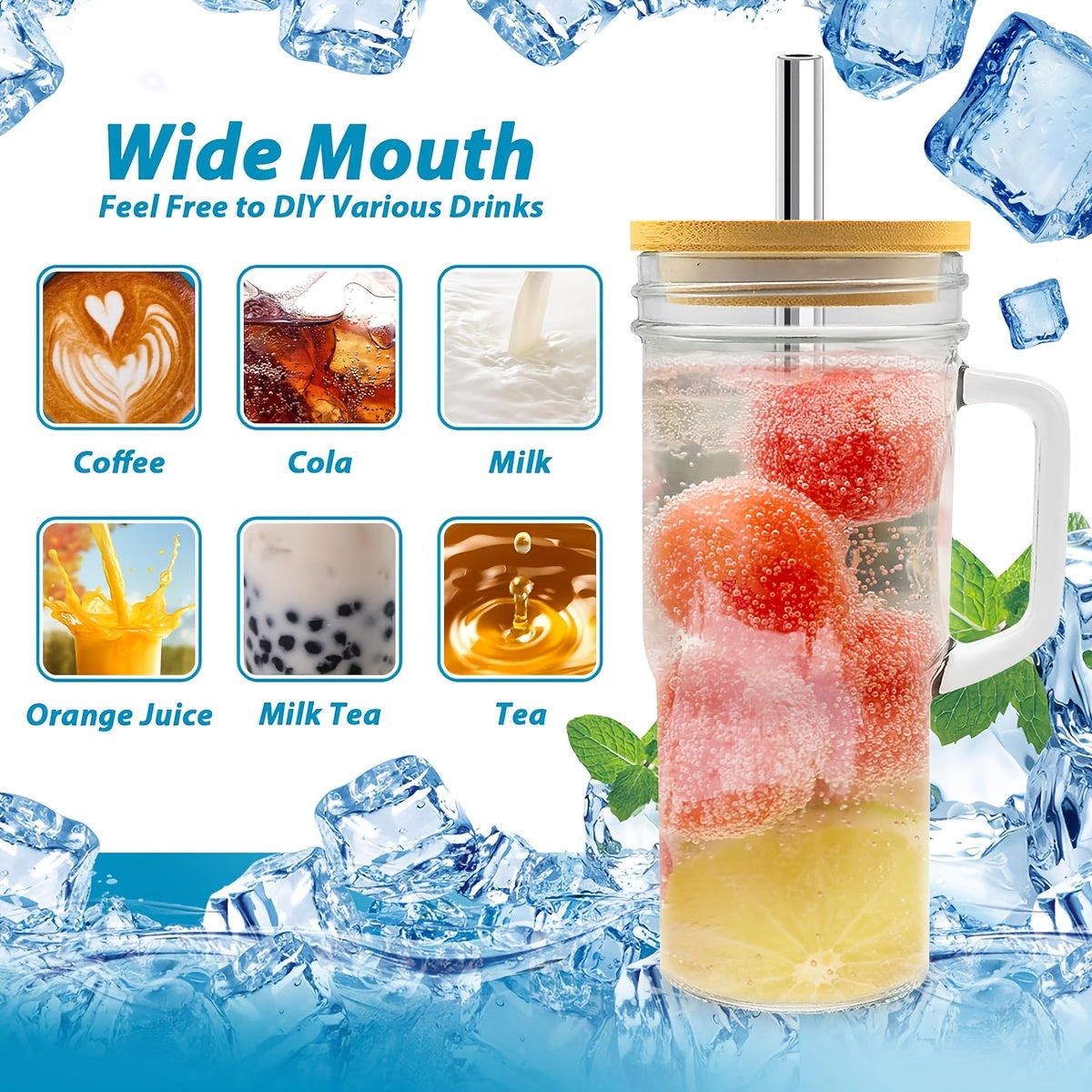 2pcs/4pcs Glass Cups With Lids And Straws, 24 Oz Mason Jar Drinking Glasses Tumbler With Handle, Brush, Reusable Iced Coffee Cups, Boba Tea Smoothie Cups Mother'S Day Gifts