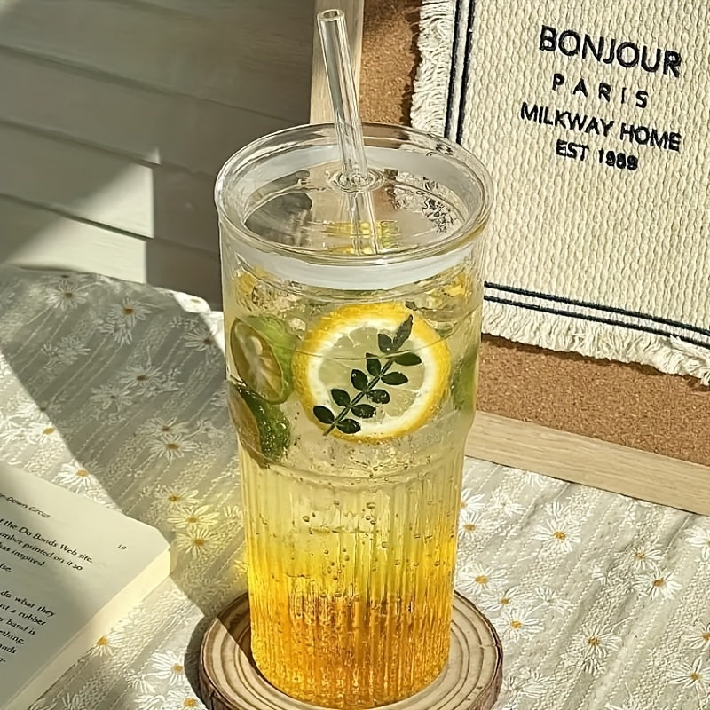 2pcs, 22oz/650ml, with lid, straw and straw brush, retro and modern embossed design, easy to clean, dishwasher safe, reusable glass wide mouth smoothie cup, thick wall Glass ice coffee mug, suitable for cold drinks, hot drinks, tea and other beverages,
