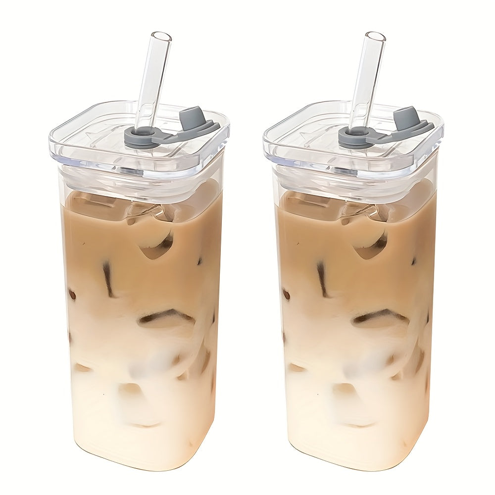 2pcs Square Glass Mug with Lid, Portable Drinking Mug, Perfect Coffee Mug, Includes Glass Lid/Straw, Gift for Mug Collectors, Father'S Day Mug, Great for Office, Home, School And Outdoor Use!, Best for Christmas