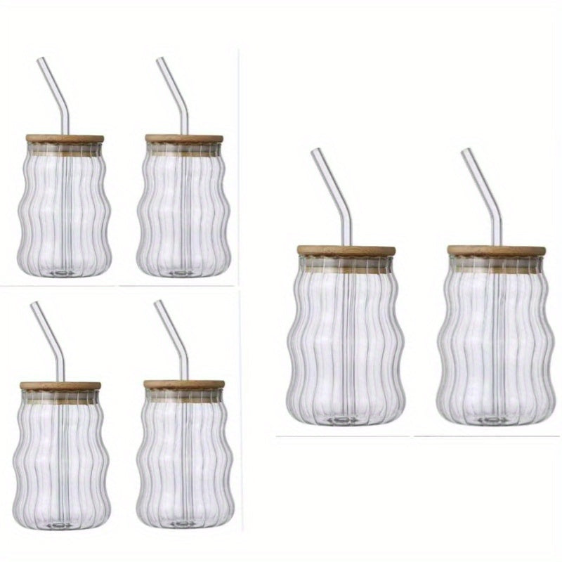 4/6pcs LDQ Ribbed Glass Cups with Straw & Lid - 18oz Wave Design Drinking Glasses for Iced Coffee, Latte, Water, Matcha, Juice - Food-Safe, Leak-Proof, Hand Wash Only, Coffee Accessories, Beverage Serving, Wave Pattern, Natural Style, Hand Wash Safe