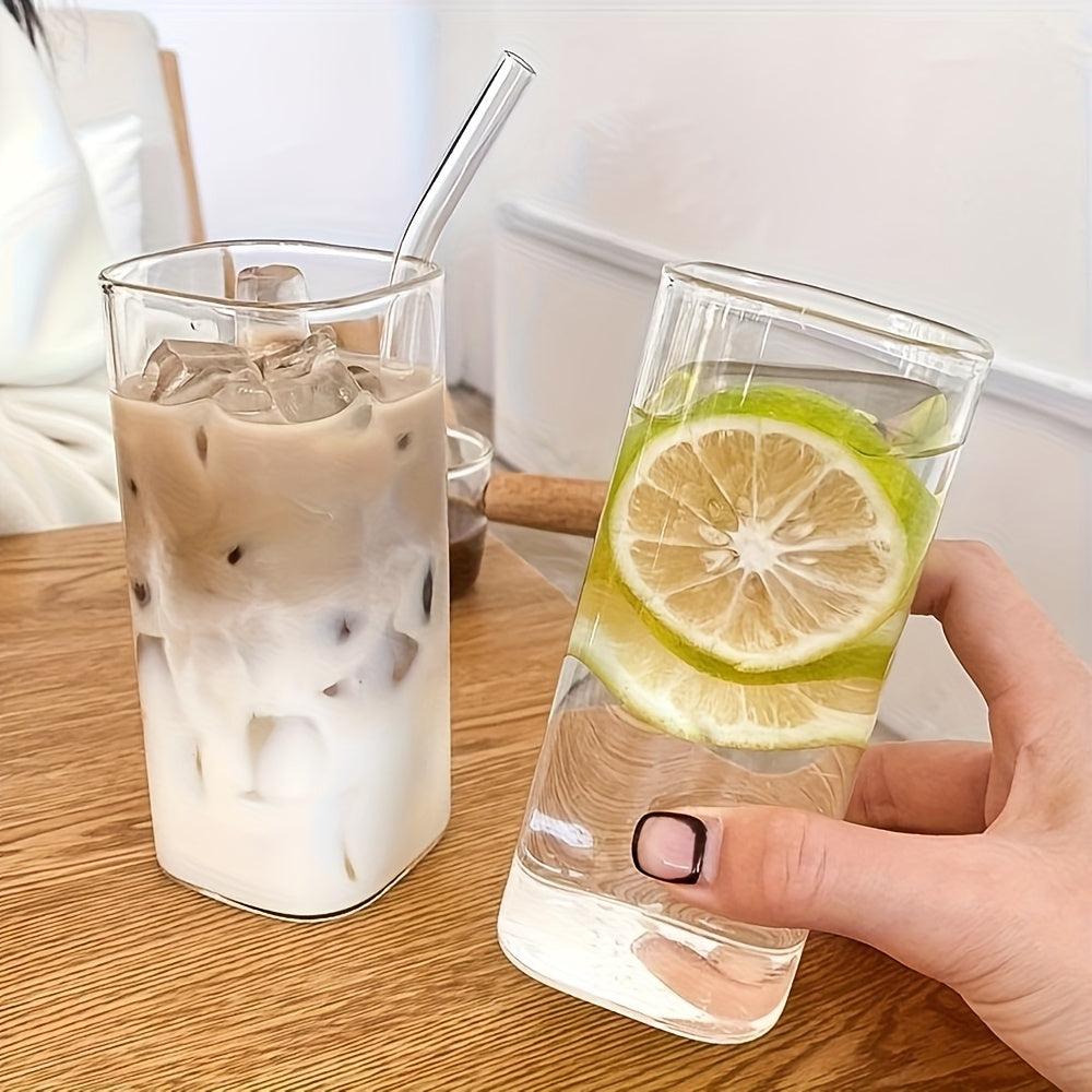 2pcs Square Glass Mug with Lid, Portable Drinking Mug, Perfect Coffee Mug, Includes Glass Lid/Straw, Gift for Mug Collectors, Father'S Day Mug, Great for Office, Home, School And Outdoor Use!, Best for Christmas