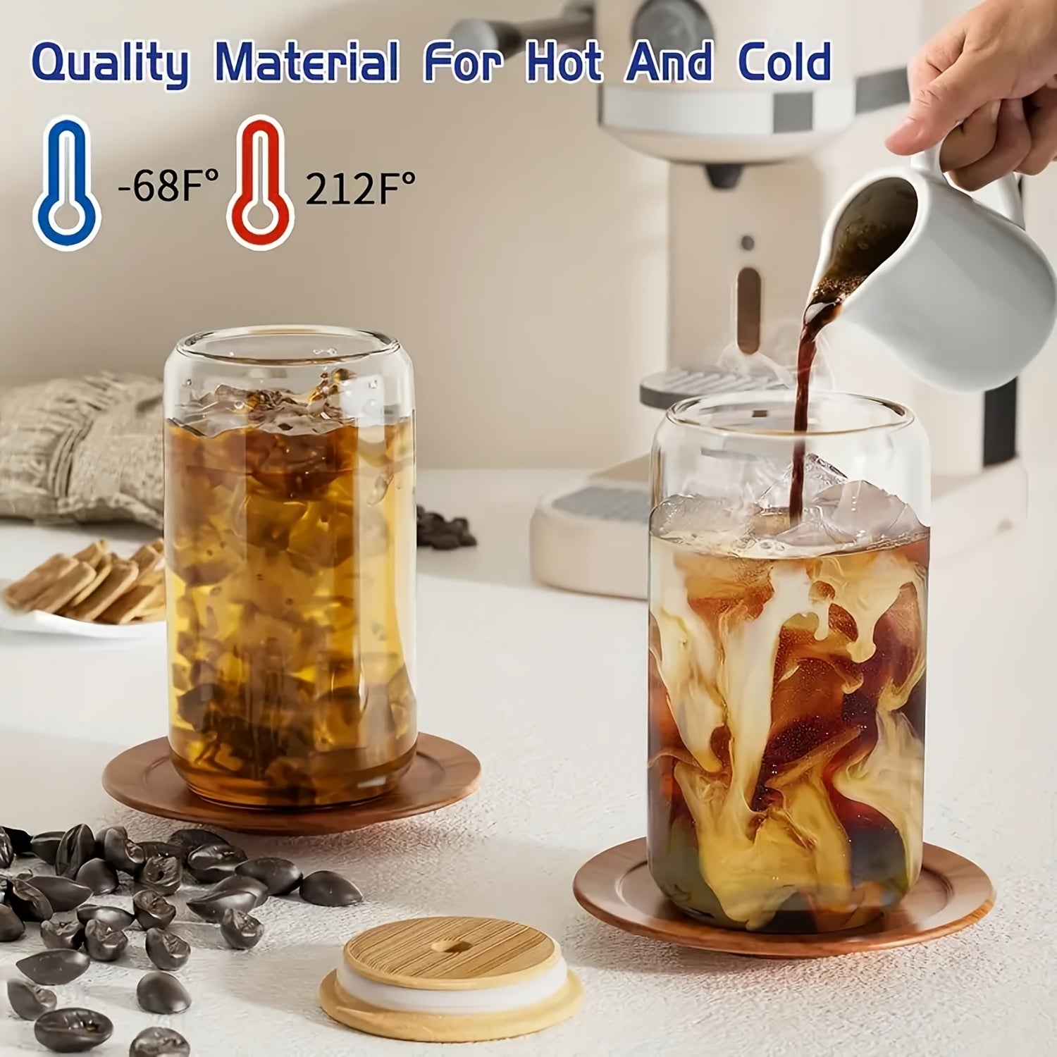 8pcs, Glass Cup, Glass Cup with Lid And Straw, Mason Jar Drinking Cup, Iced Coffee Cup, Glass Cup with Bamboo Lid, Exquisite Water Cup, Reusable Straw Cup, Suitable for Family Gatherings, 18.7oz/550ml