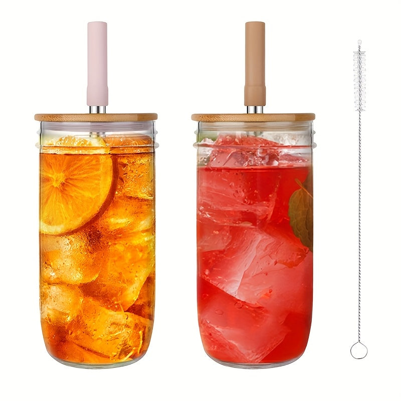 Glass Tumbler with Lids And Straws 2pcs, 24oz Glass Drinking Jars with Lids And Straws, Reusable Wide Mouth Mason Jar Iced Coffee Cup, Smoothie Cup Coffee Travel Mug for Car/Home, Graduation Season