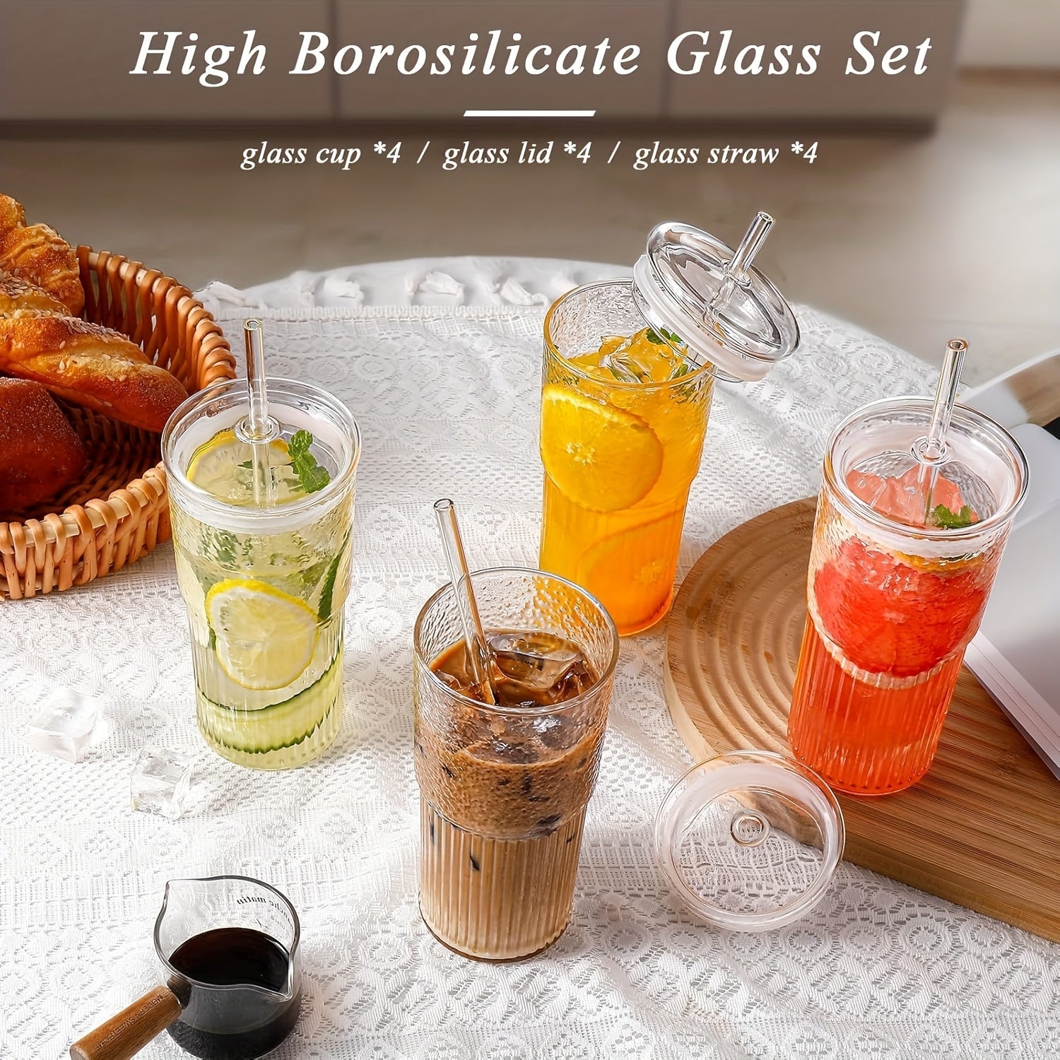 4-Pack High Borosilicate Glass Cup Set With Lids And Straws - 20oz Reusable Iced Coffee Glasses For Juice, Milk, Tea - Durable Drinkware For Home And Gift Use