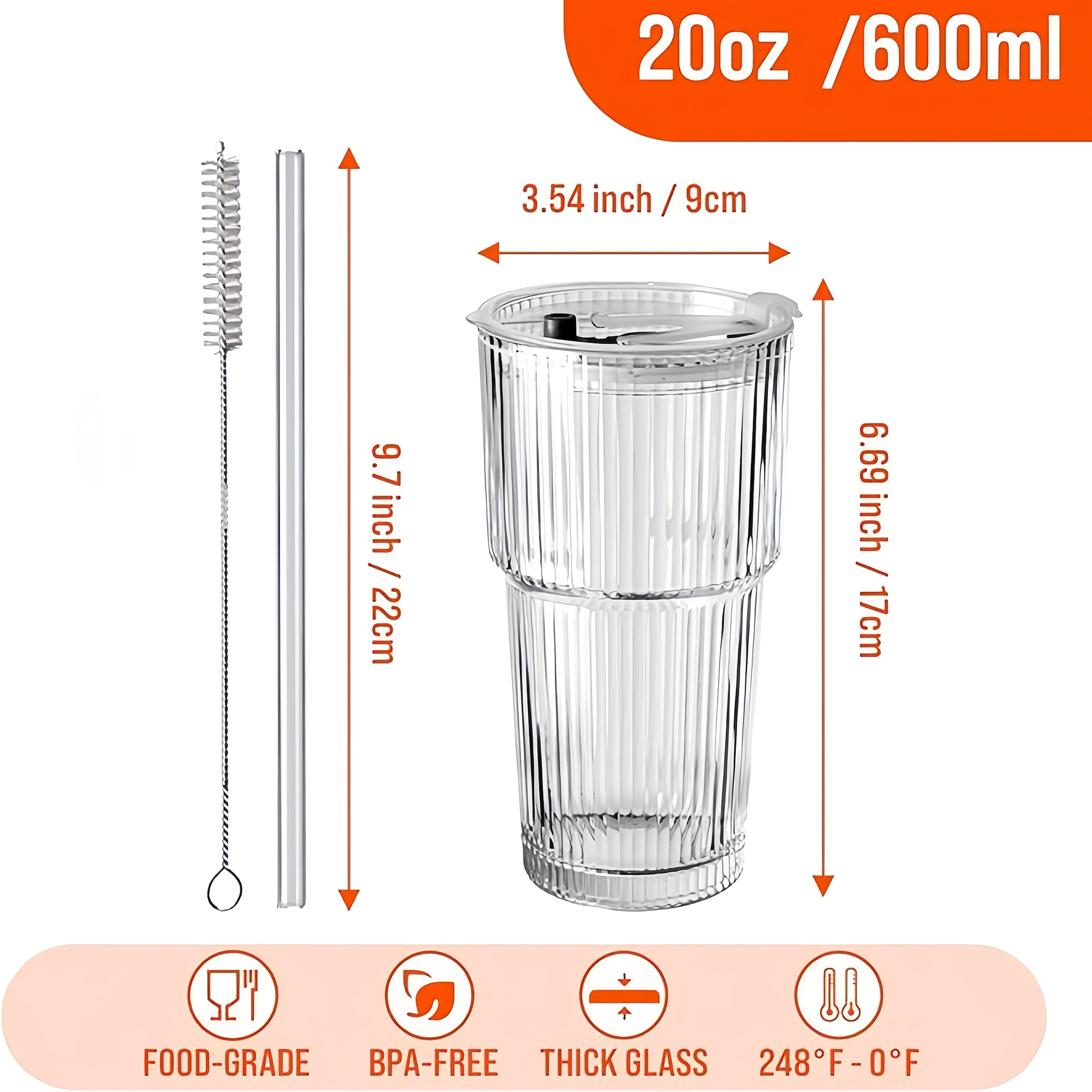 2pcs Ribbed Glass with Straw And Plastic Lid And Straw Brush, Perfect for Iced Coffee, Juice, Smoothie Cocktails, Etc., Suitable for Home, Office, Party Supplies, 20 Ounces