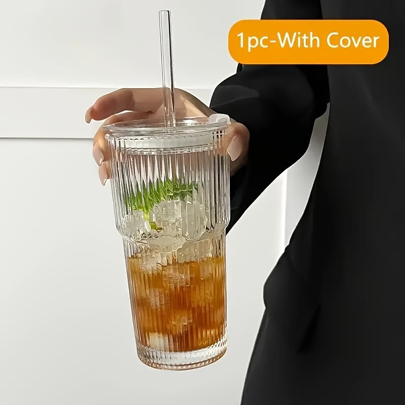 1pc 20.29oz Large Striped Glass Cup with Lid - Insulated, Reusable for Cold Drinks, Juice & Coffee - Ideal for Home, Office, and Holiday Gatherings, Hand Wash Only, Versatile Drinkware | Stylish Drinkware | Insulated Glass Cup