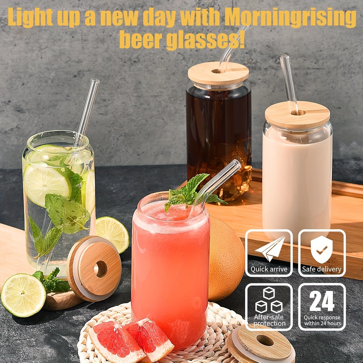 8pcs, Glass Cup, Glass Cup with Lid And Straw, Mason Jar Drinking Cup, Iced Coffee Cup, Glass Cup with Bamboo Lid, Exquisite Water Cup, Reusable Straw Cup, Suitable for Family Gatherings, 18.7oz/550ml