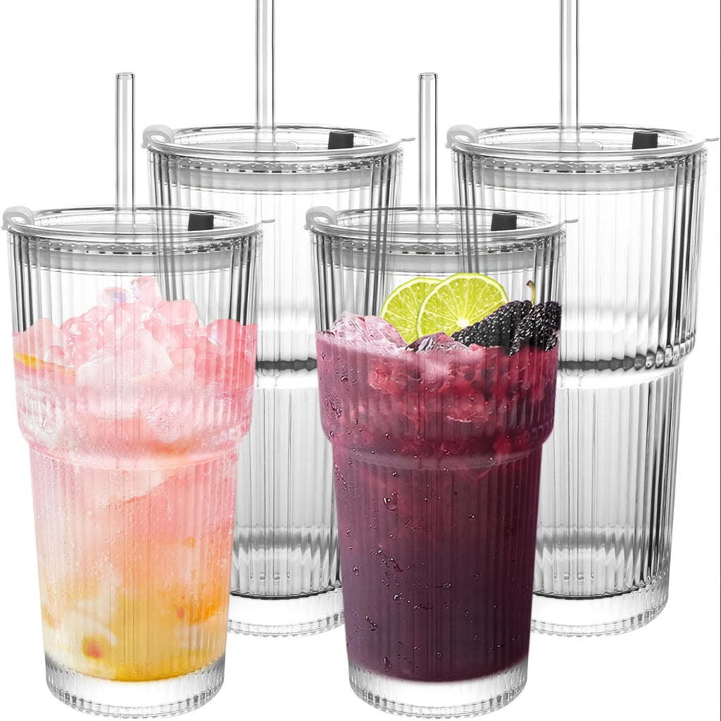2/4pcs Vintage Clear Striped Glass Drink Container With Sealed Lid Inverted Leak Proof, Easy To Carry, Glass Mug With Straw, Thickened Insulated Glasses