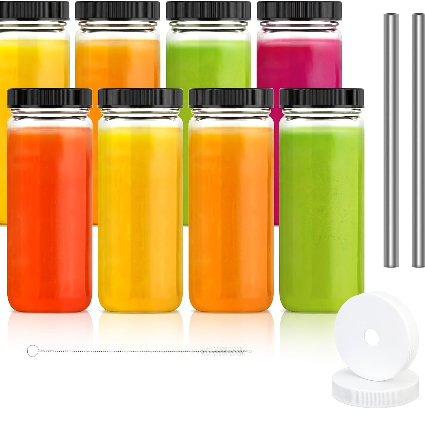 8pcs Glass Juice Bottle with Lid, Glass Bottle for Juicing - for Smoothies, Water, Milk & Kombucha, Round Carafe with Lid, BPA Free, 2 Straws Included!