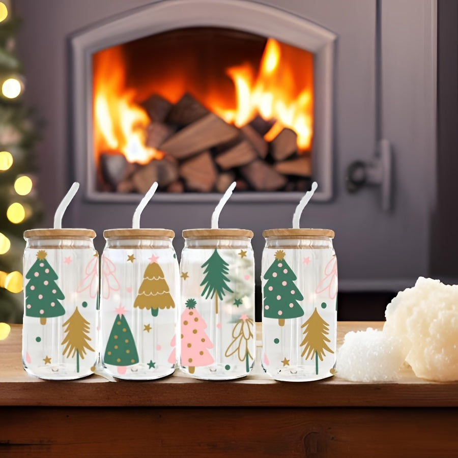 4pcs, 550ml Christmas Tree Glass With Lid And Straw, Home Office Cup, Tea, Beer, Cola, Milk Cup