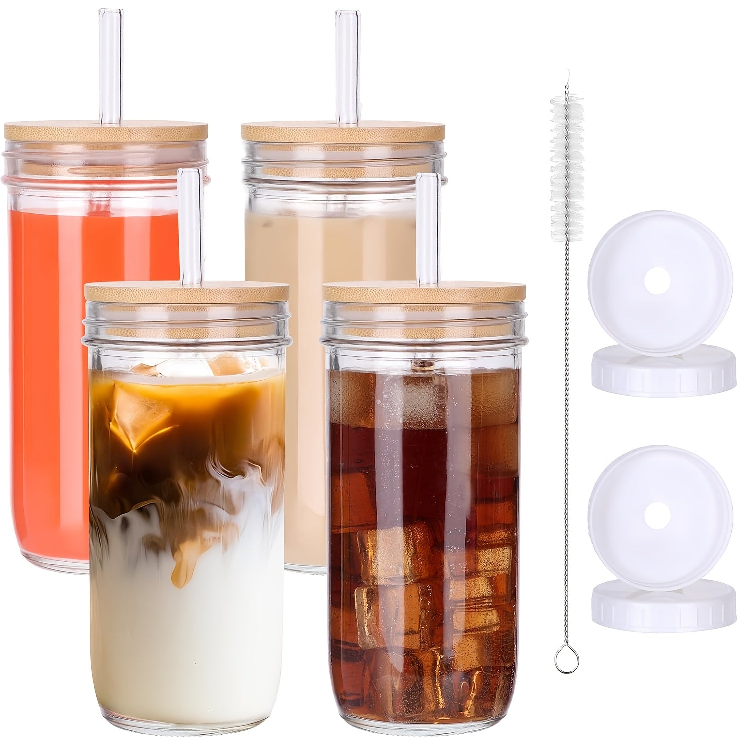 4pcs Reusable Glass Tumblers with Lids & Straws - 24oz Oval-Shaped Cups for Smoothies, Iced Coffee, Sun Tea - Durable, Hand Wash Only, Perfect for Parties & Home Use, Party Drinkware | Modern Tumbler Design | Durable Glassware, Glass Tumblers for Drinks