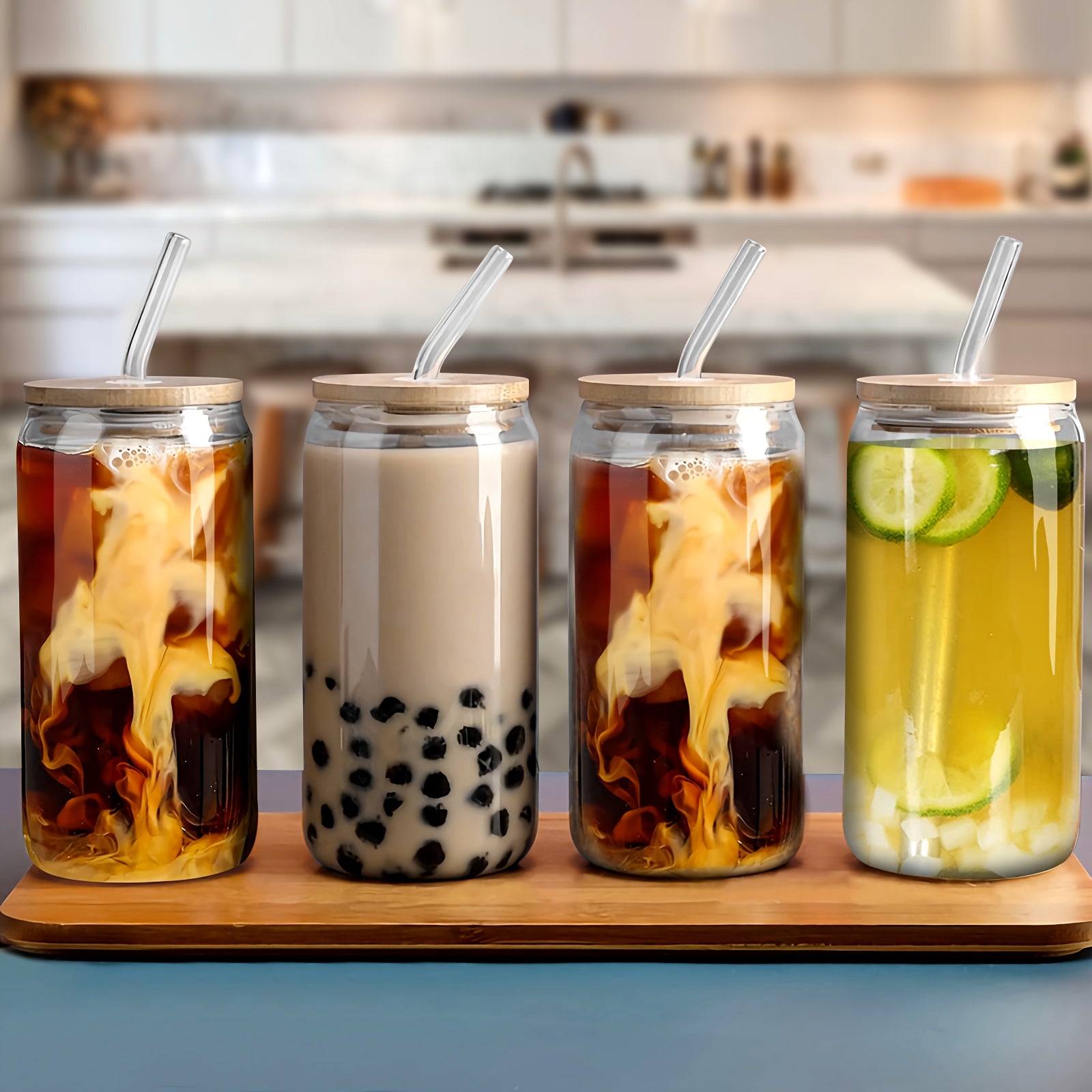 Glass Cups with Lids And Straws 4pcs, 16oz Drinking Glasses Set for Coffee Bar Accessories Iced Coffee Cups with Lids, Glass Tumbler Reusable for Gifts, Home Bar Essentials, Kitchen Glassware, Modern Drinkware, Contemporary Cups, Leadfree Material,