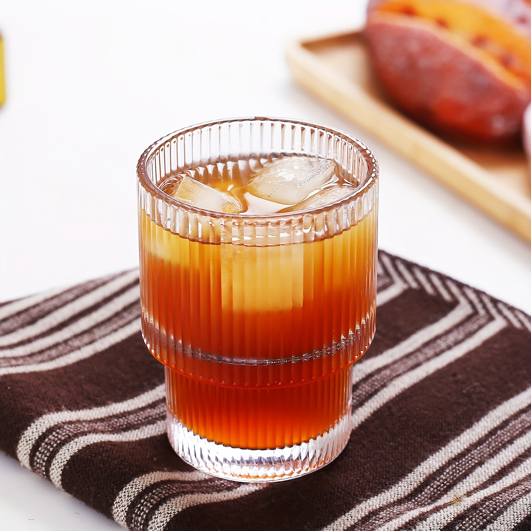 6pcs, 200ml/6.8oz Stackable Ribbed Glass Cups, Iced Coffee Cups, Juice Cups, Vertical Striped Retro Glass Cups, Reusable Glass Cups, Suitable for Halloween, Christmas, Easter, Thanksgiving