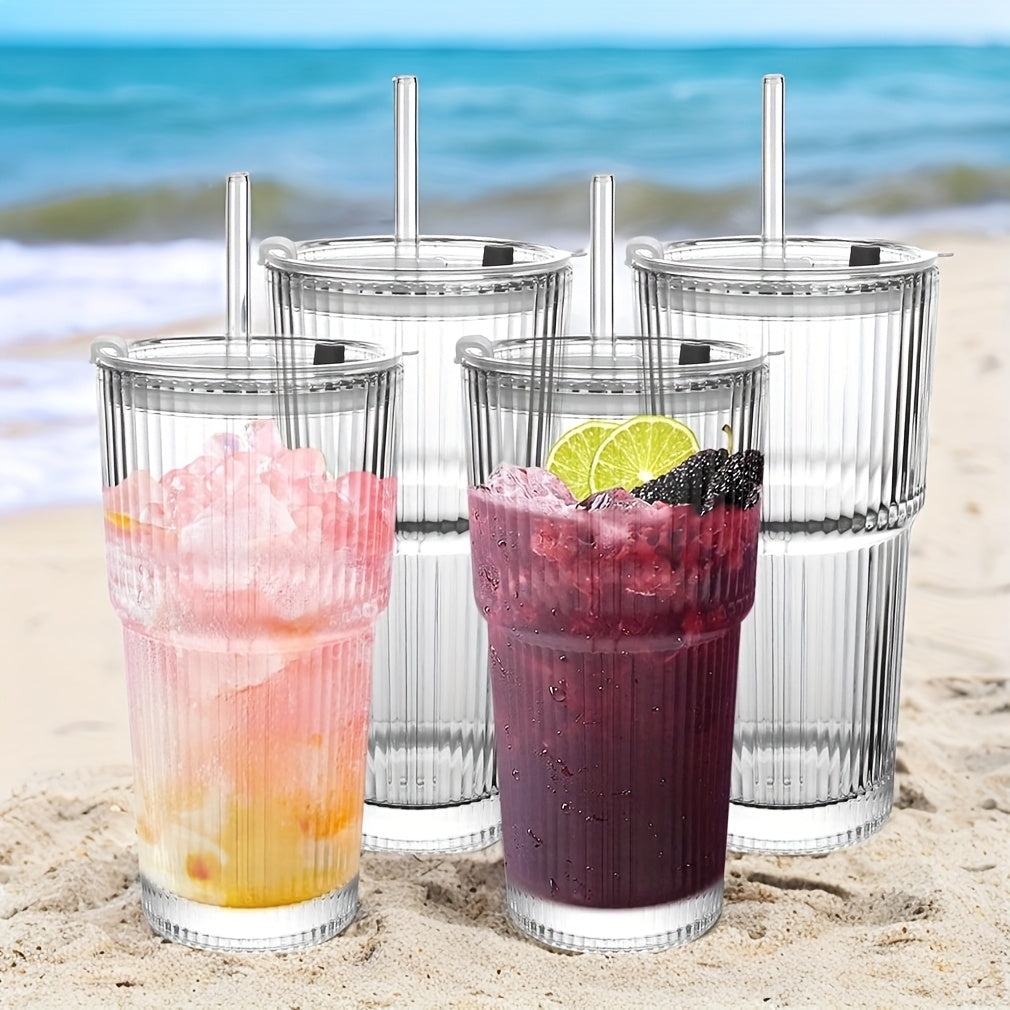 2/4pcs Vintage Clear Striped Glass Drink Container With Sealed Lid Inverted Leak Proof, Easy To Carry, Glass Mug With Straw, Thickened Insulated Glasses