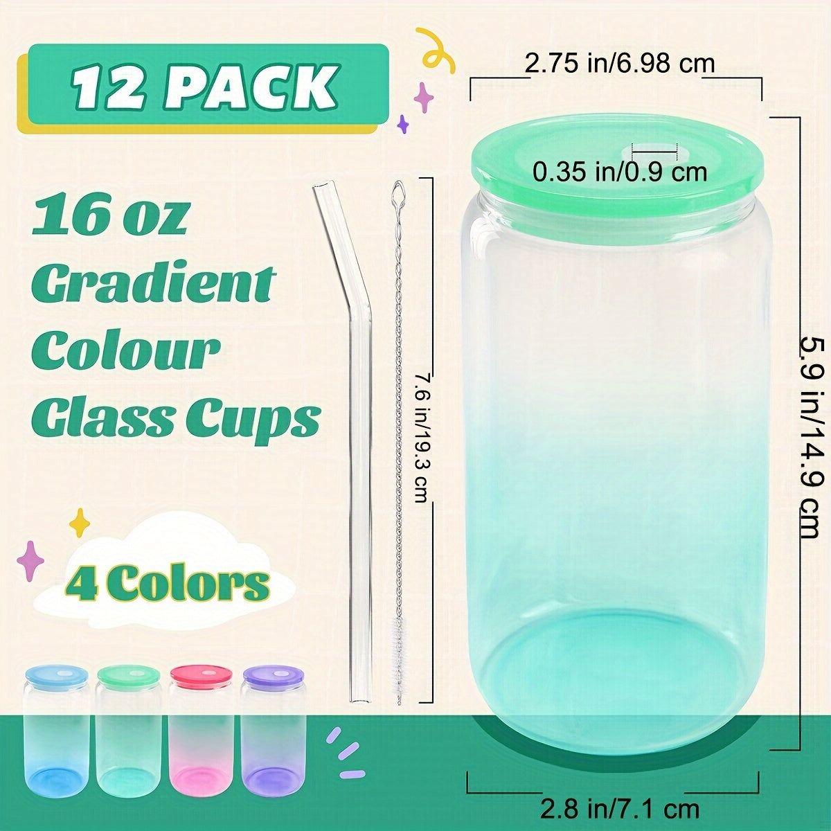 12 Packs 16 Oz Glass Cups With Acrylic Lids And Straws Can Shaped Glass Iced Coffee Cups With Lids, Gradient Drinking Glasses Cute Tumbler Cup Great For Smoothie Soda Boba Tea Cocktail Beer Gift