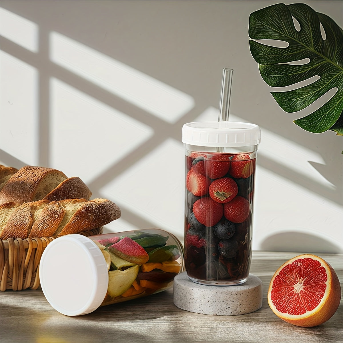 8pcs (4 Cups+4 Lids) Novelty Tableware With Double Lid Design And Glass Straws, Suitable For Yogurt, Tea, Milk, Iced Coffee, Salad As Birthday Gifts For Wives And Mothers, With Straw Cleaning Brush Included