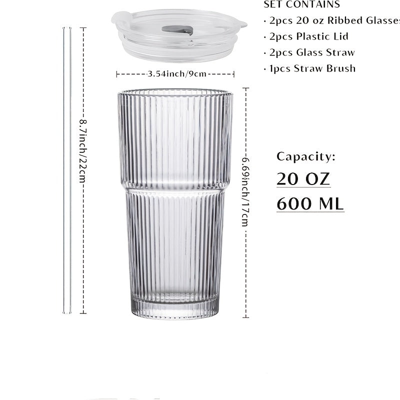 Glassware Set of 2, 600ml/20oz Ribbed Glass Barrel with Lid and Glass Straw, Thickened Glass, Perfect for Iced Coffee, Smoothies, Cocktails and Juices - Elegant and Durable Beverage Vessels
