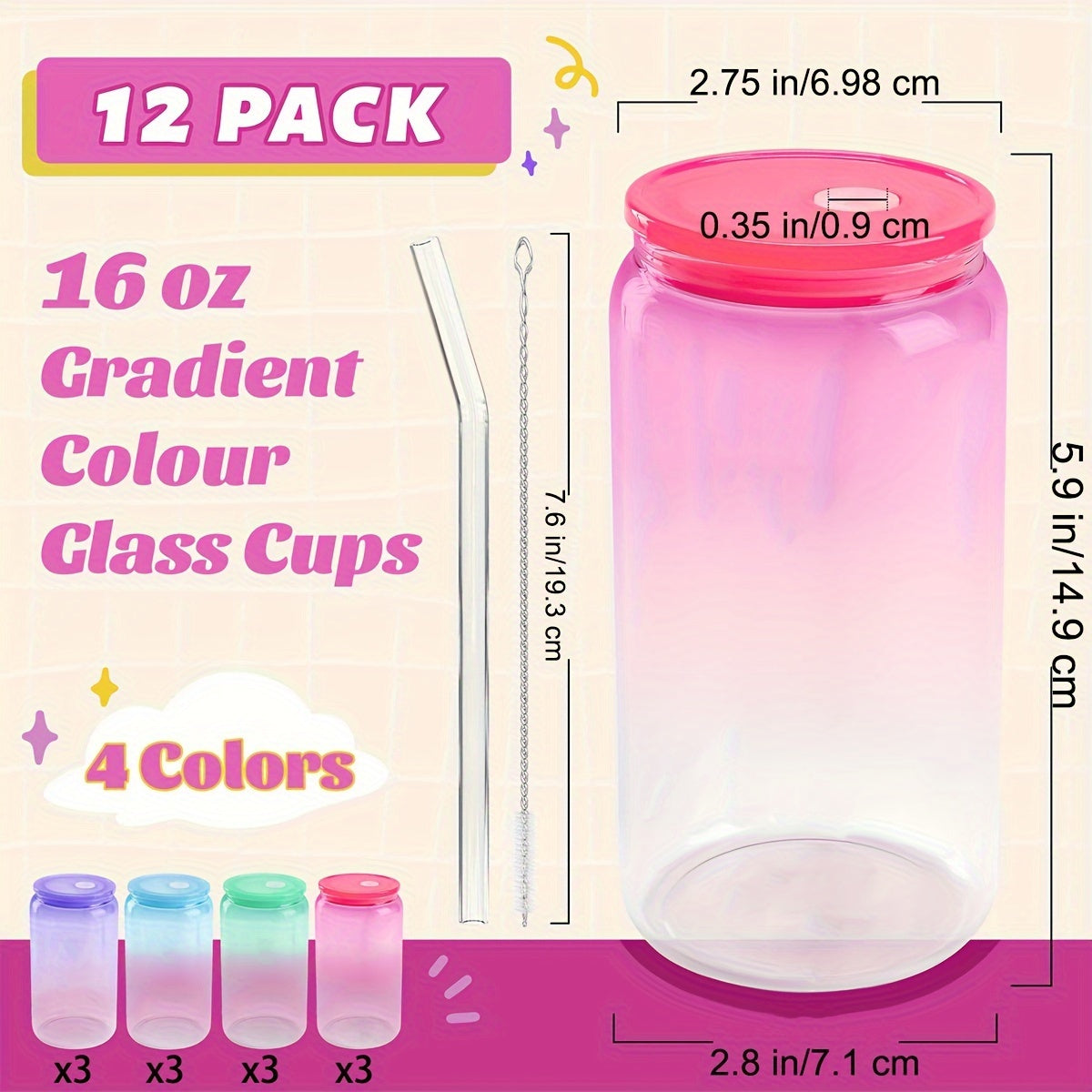 12 Packs 16 Oz Glass Cups With Acrylic Lids And Straws Can Shaped Glass Iced Coffee Cups With Lids, Gradient Drinking Glasses Cute Tumbler Cup Great For Smoothie Soda Boba Tea Cocktail Beer Gift