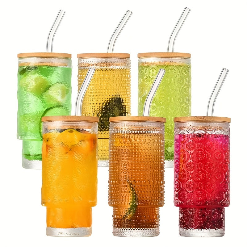 Glass Cups with Lids And Straws 4 Packs, Bamboo Mason Jar Valentines Party Drinking Jars Glasses, 11oz Beaded Glassware, Vintage Glassware Set, Embossed Vintage Drinking Glasses for Beer, Cocktail, Soda, Iced Coffee, Smoothie, Tea, Water