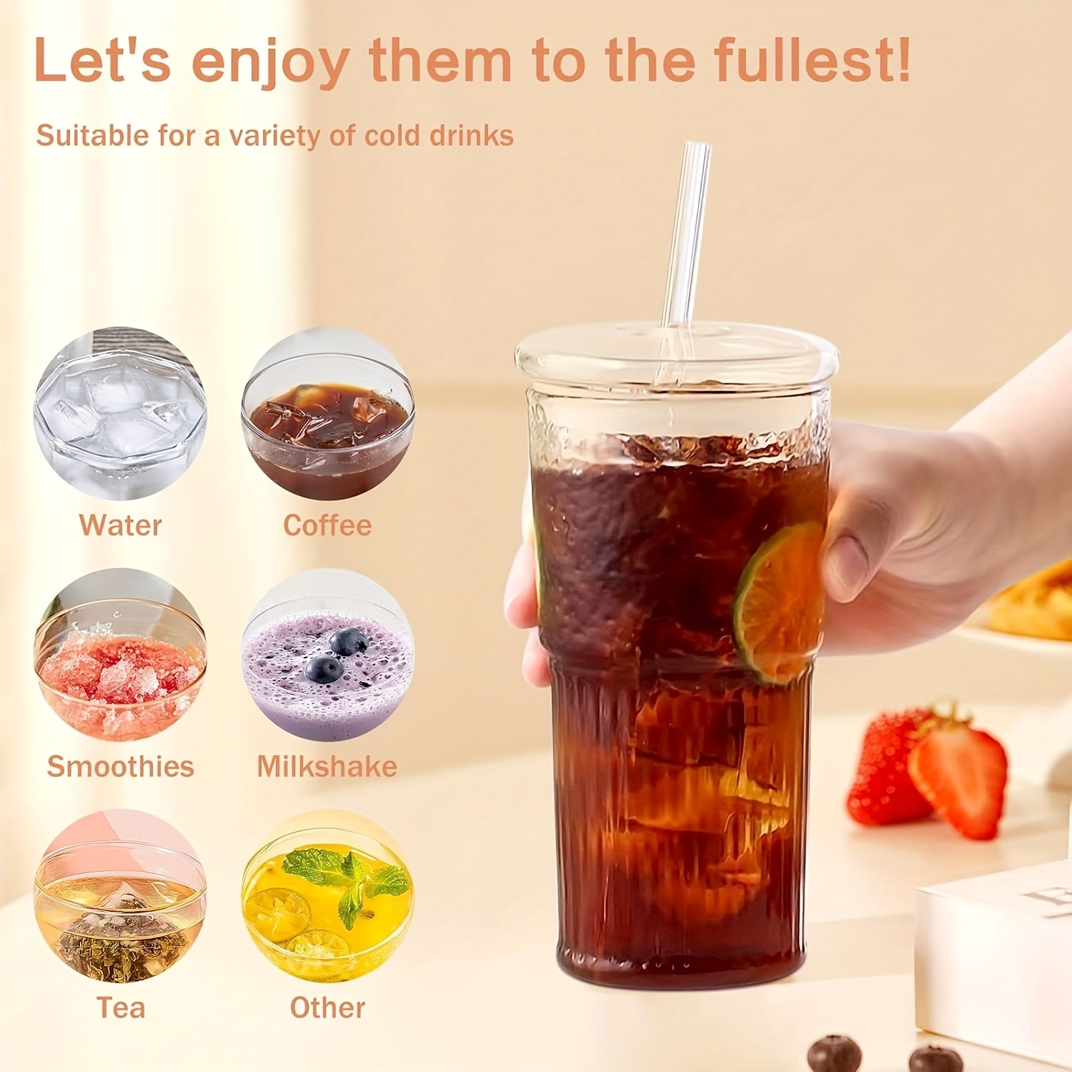 2pcs, 22oz/650ml, with lid, straw and straw brush, ribbed glass cup, reusable, wide mouth smoothie cup, thick wall glass ice coffee cup, tea cup, juice cup, also a great holiday gift, Christmas, anniversary, housewarming party gifts for family and friends