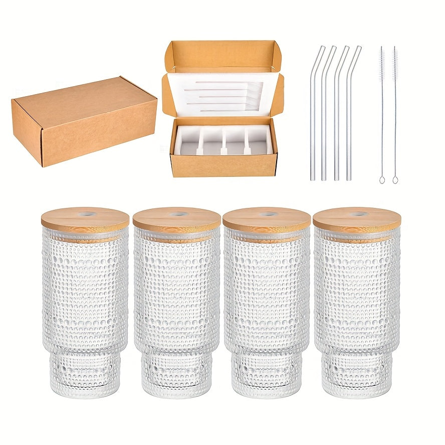 Glass Cups with Lids And Straws 4 Packs, Bamboo Mason Jar Valentines Party Drinking Jars Glasses, 11oz Beaded Glassware, Vintage Glassware Set, Embossed Vintage Drinking Glasses for Beer, Cocktail, Soda, Iced Coffee, Smoothie, Tea, Water