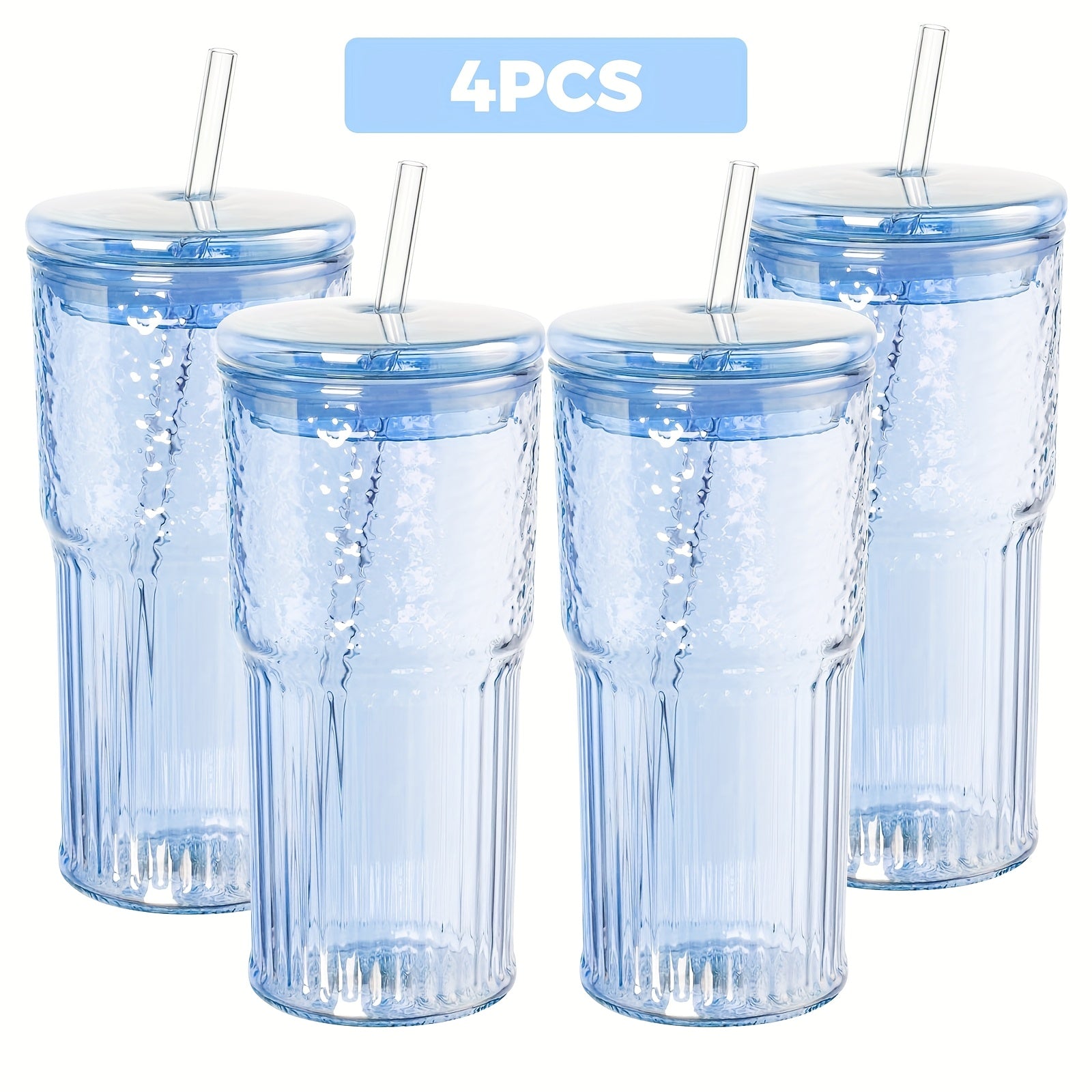 4-Pack High Borosilicate Glass Cup Set With Lids And Straws - 20oz Reusable Iced Coffee Glasses For Juice, Milk, Tea - Durable Drinkware For Home And Gift Use
