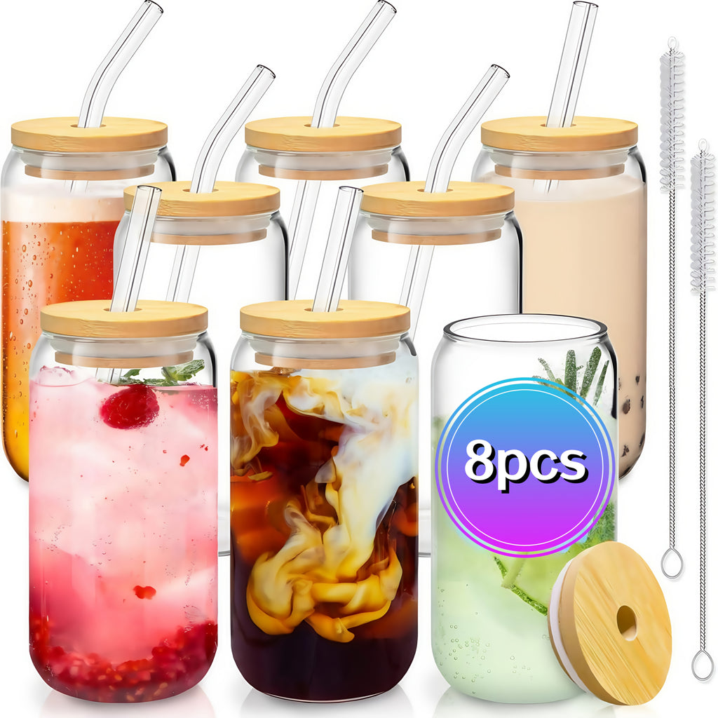 8pcs, Glass Cup, Glass Cup with Lid And Straw, Mason Jar Drinking Cup, Iced Coffee Cup, Glass Cup with Bamboo Lid, Exquisite Water Cup, Reusable Straw Cup, Suitable for Family Gatherings, 18.7oz/550ml