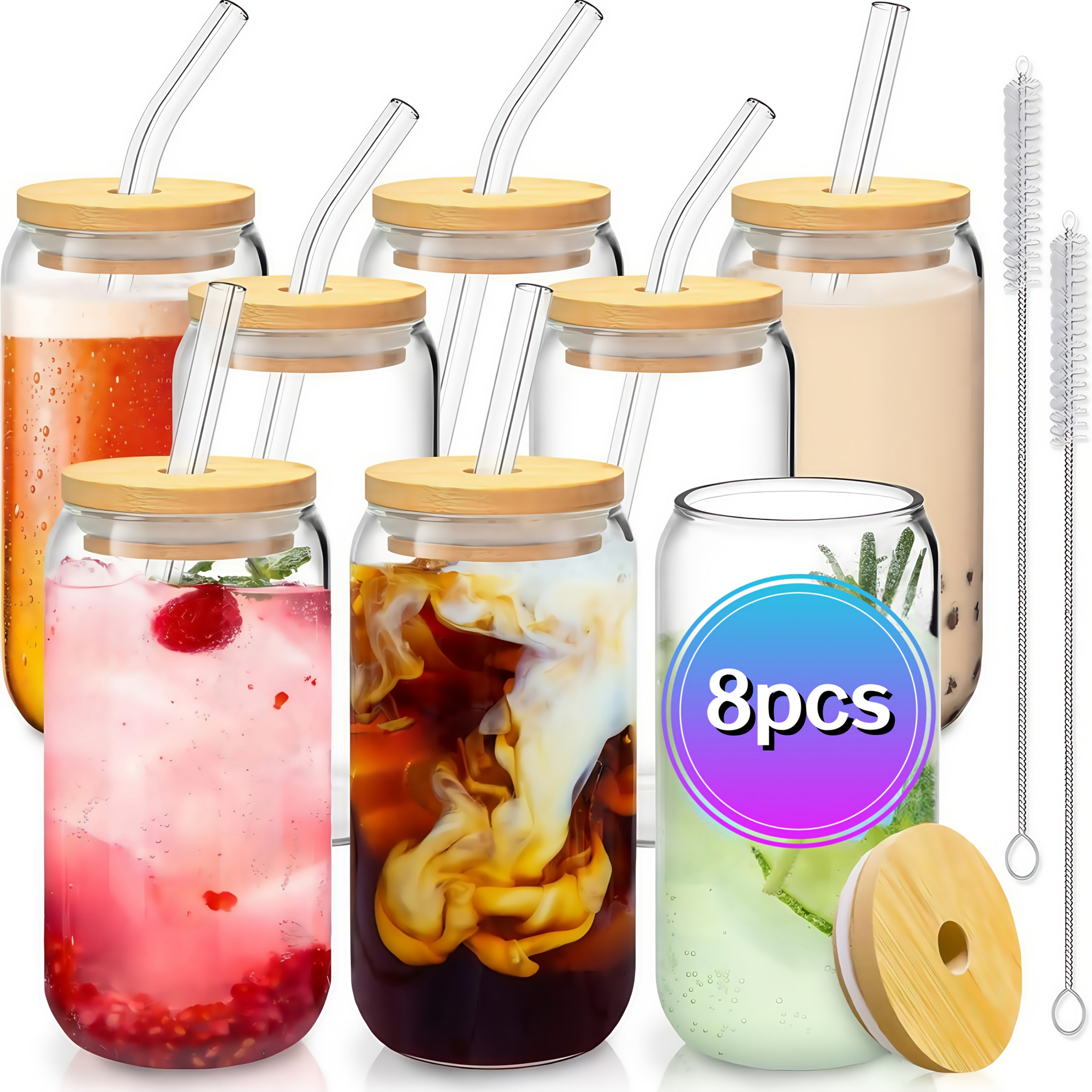 8pcs, Glass Cup, Glass Cup with Lid And Straw, Mason Jar Drinking Cup, Iced Coffee Cup, Glass Cup with Bamboo Lid, Exquisite Water Cup, Reusable Straw Cup, Suitable for Family Gatherings, 18.7oz/550ml