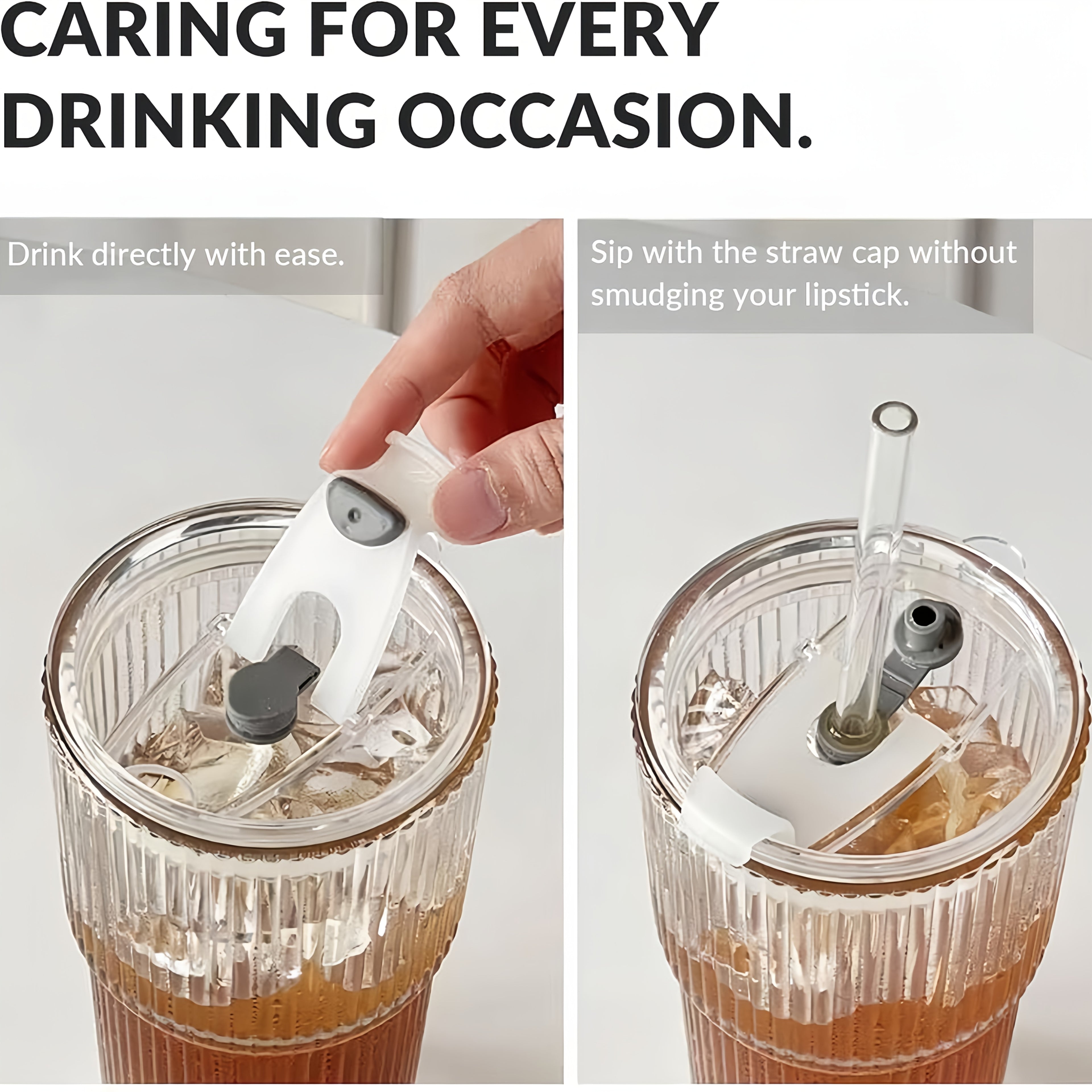 2pcs Ribbed Glass with Straw And Plastic Lid And Straw Brush, Perfect for Iced Coffee, Juice, Smoothie Cocktails, Etc., Suitable for Home, Office, Party Supplies, 20 Ounces