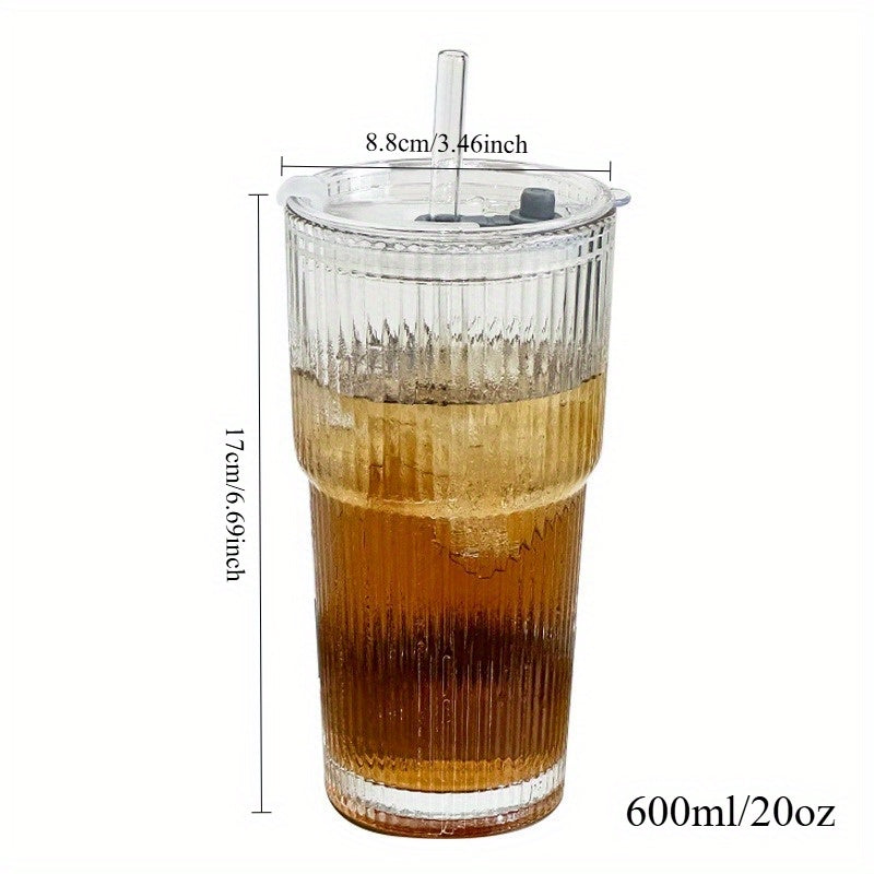 1pc 20.29oz Large Striped Glass Cup with Lid - Insulated, Reusable for Cold Drinks, Juice & Coffee - Ideal for Home, Office, and Holiday Gatherings, Hand Wash Only, Versatile Drinkware | Stylish Drinkware | Insulated Glass Cup