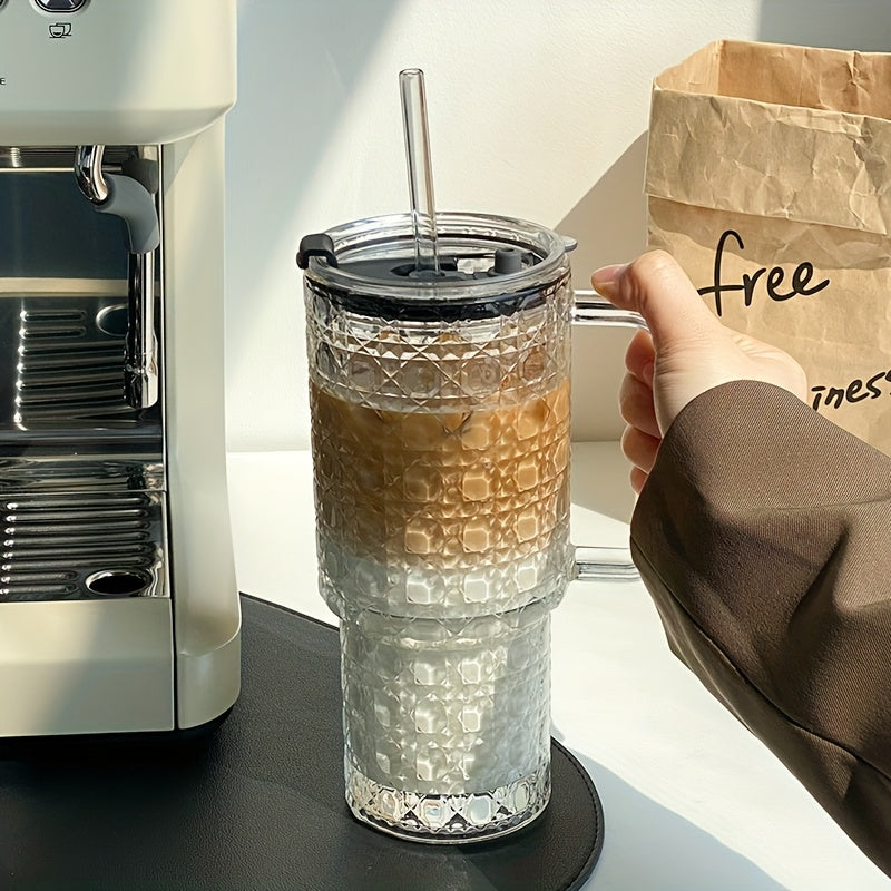 1pc 530ml/18oz Large Capacity Straw Cup with Lid, Stylish INS-Style Summer Iced Coffee Glass Tumbler, Reusable Drinking Cup for Coffee, Tea, Whiskey, Milk, Iced Americano & Latte